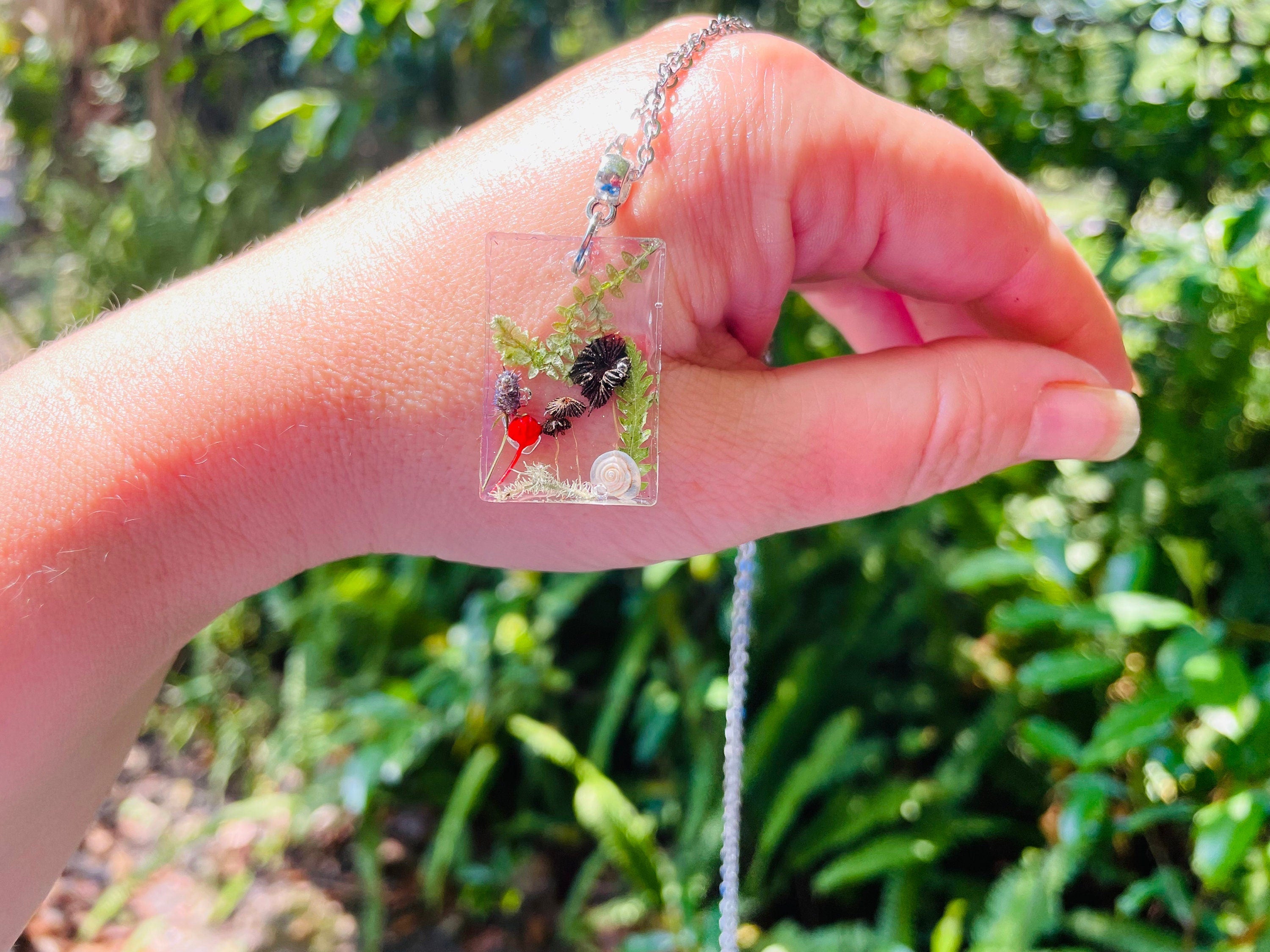 Mushroom Family Resin Necklace: Pressed Flower Pendant, Birthstone Option