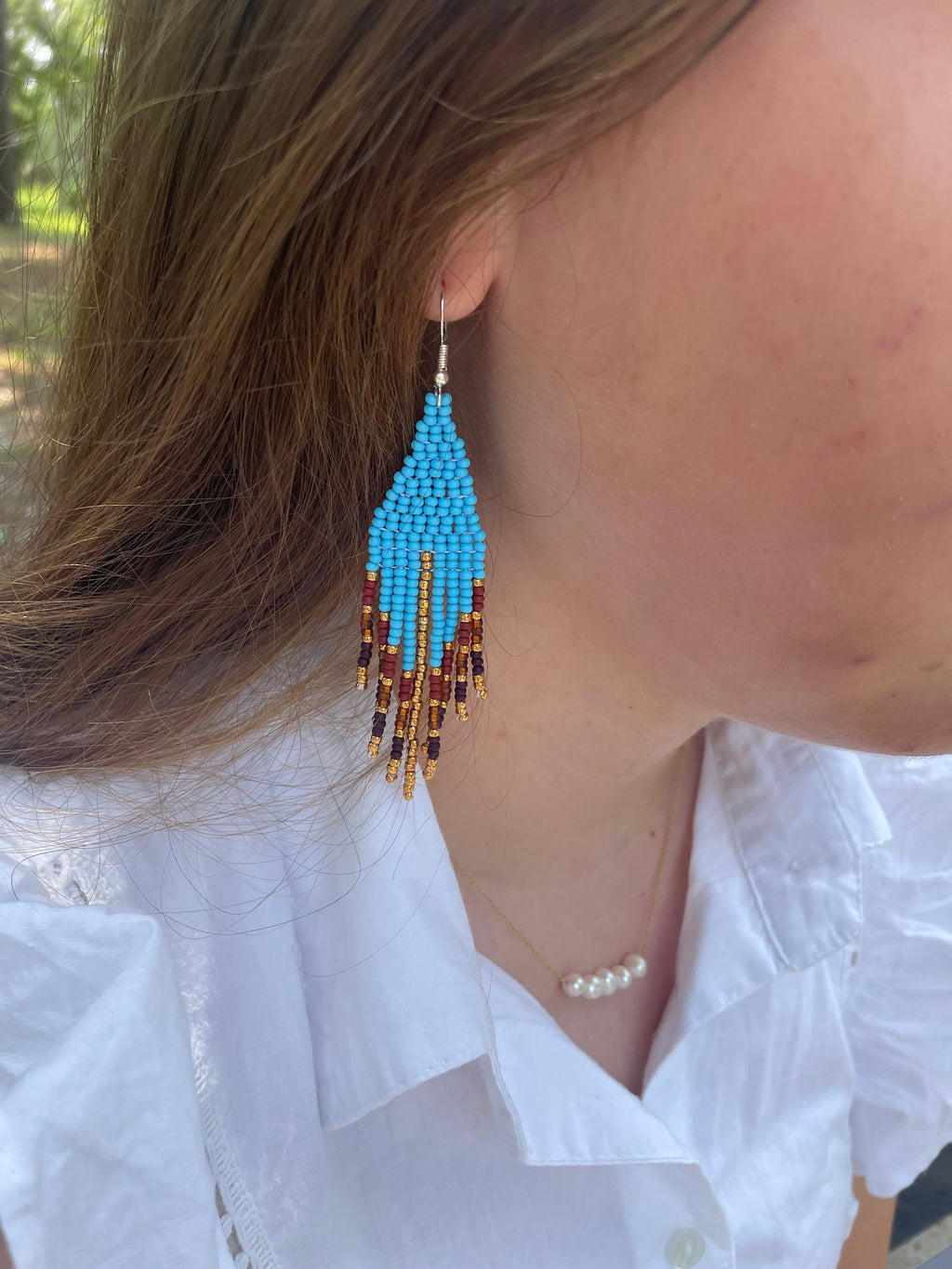 Turquoise and rust earrings handmade, blue boho earrings Fringe beadwork earrings unique holiday gift for her Seed bead dangle earring Long