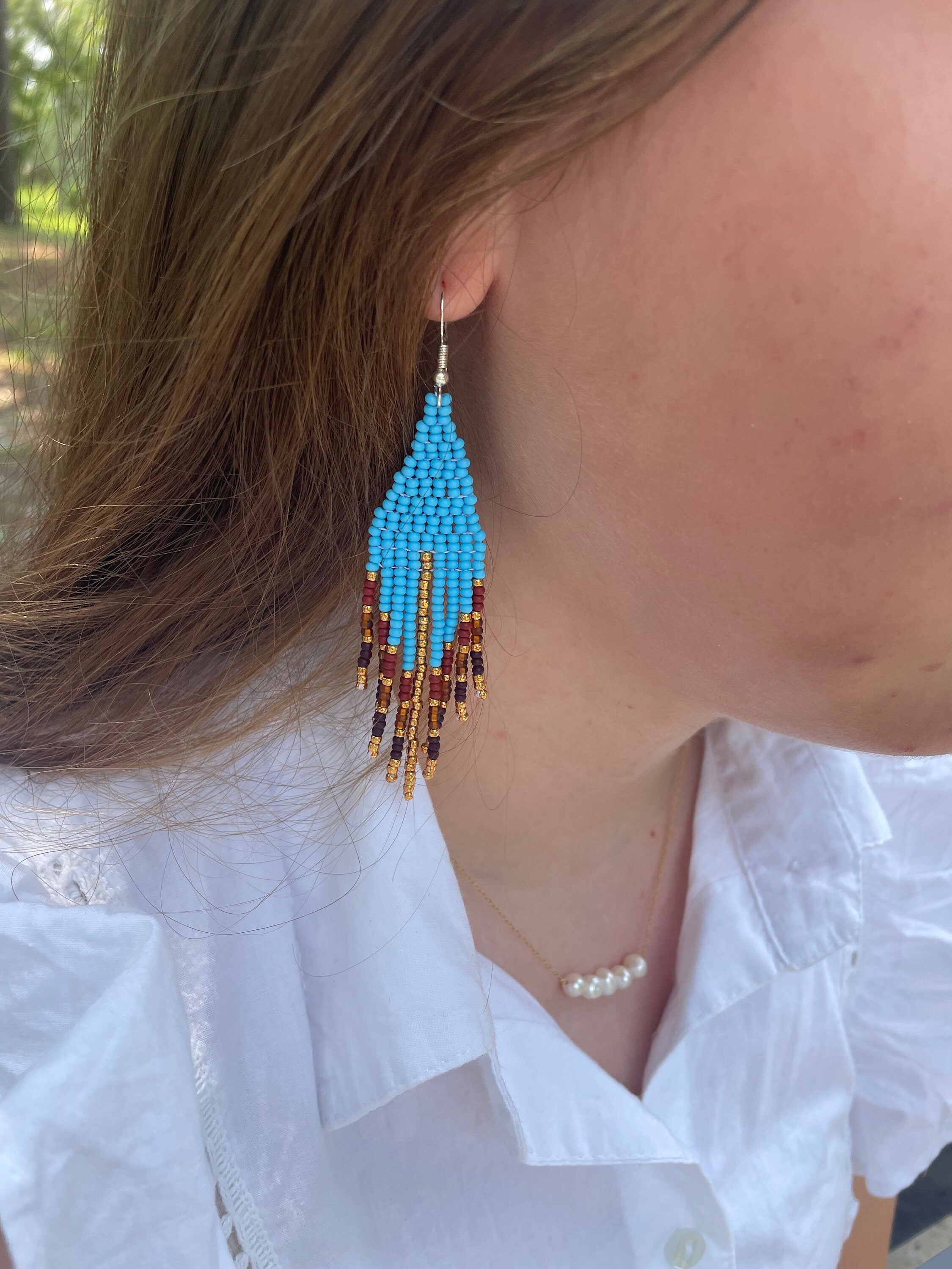 Turquoise and rust earrings handmade, blue boho earrings Fringe beadwork earrings unique holiday gift for her Seed bead dangle earring Long