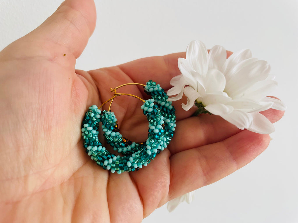 Beaded hoop earrings for her Turquoise emerald green brown hoop earrings 1.2inch native Americans seed bead earrings Beadwork jewelry Ethnic
