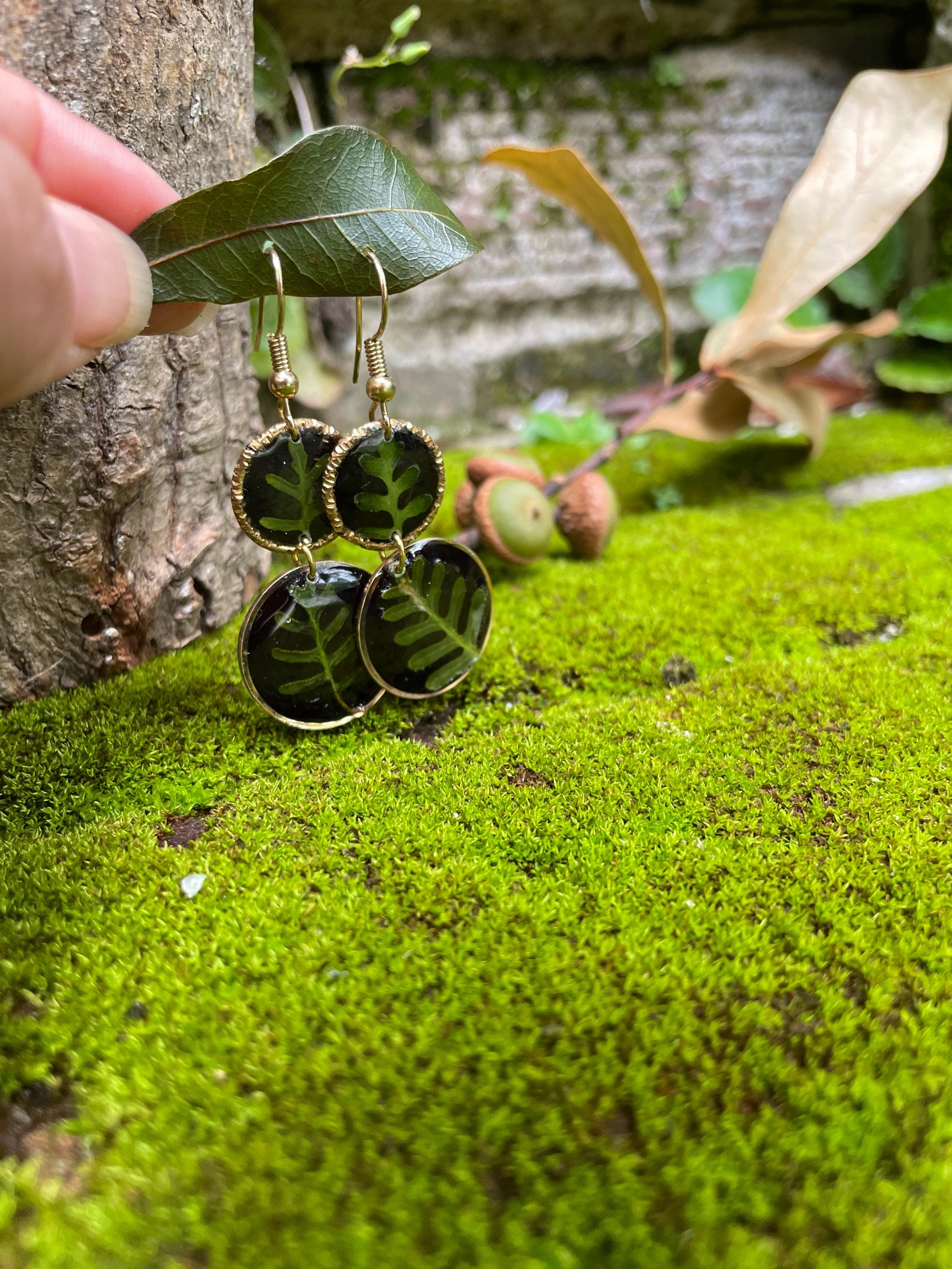 14K Gold Fern Earrings: Real Leaf Dangle Earrings, Botanical Jewelry Black