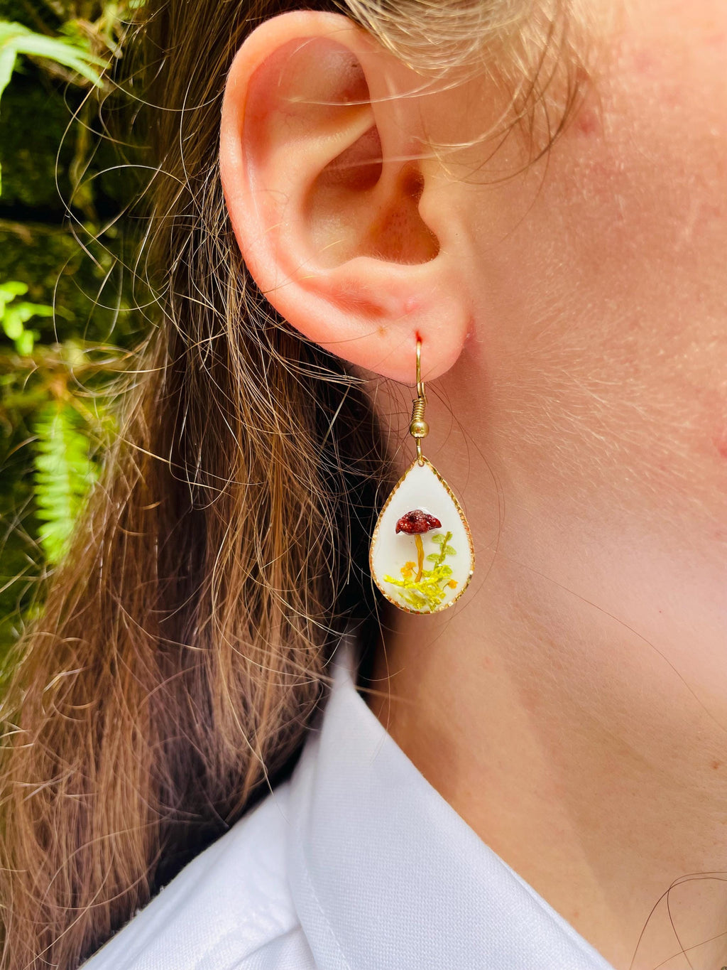 Mushroom Earrings: Real Wildflower Fern, 14K Gold, Personalized Birthstone