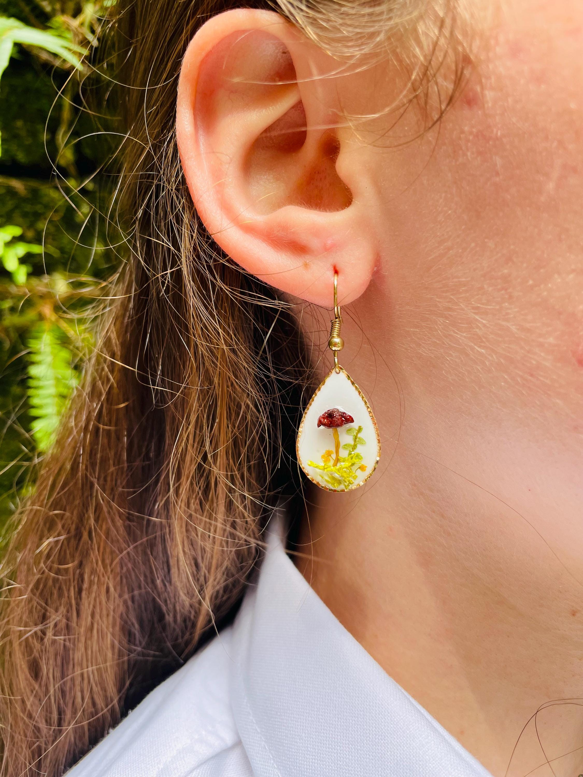 Mushroom Earrings: Real Wildflower Fern, 14K Gold, Personalized Birthstone