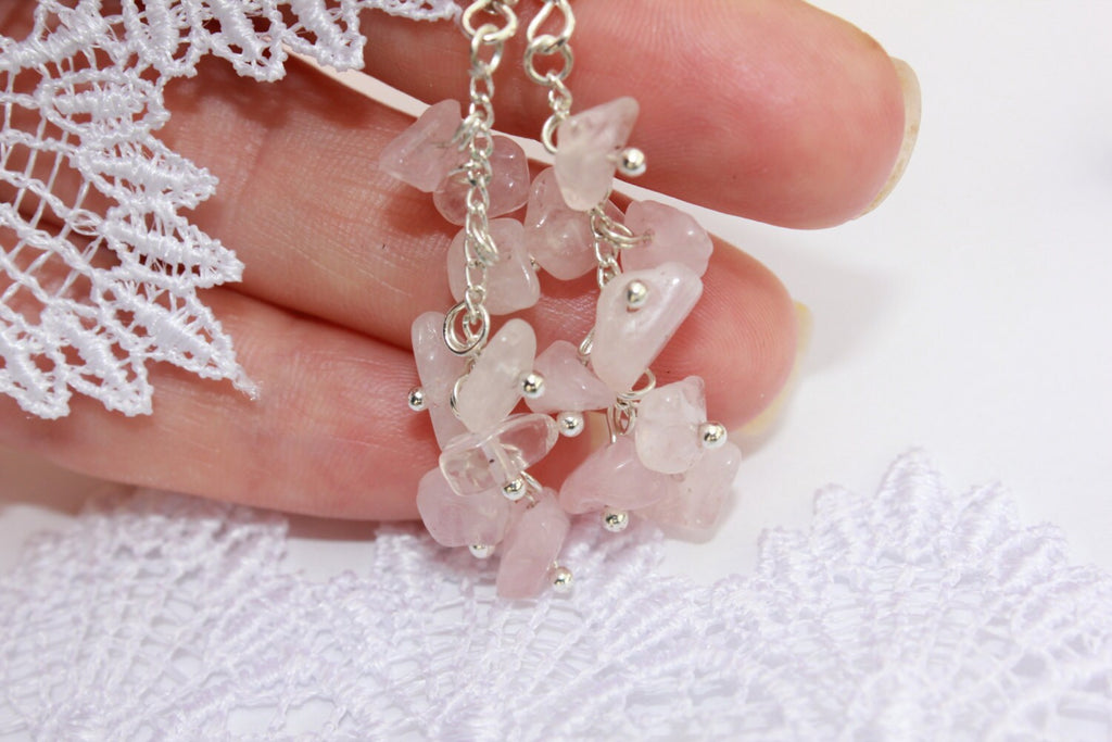 Rose quartz earrings beaded, Personalized birthstone earrings mom, wedding cluster earrings feminine gemstone, bridal shower gift