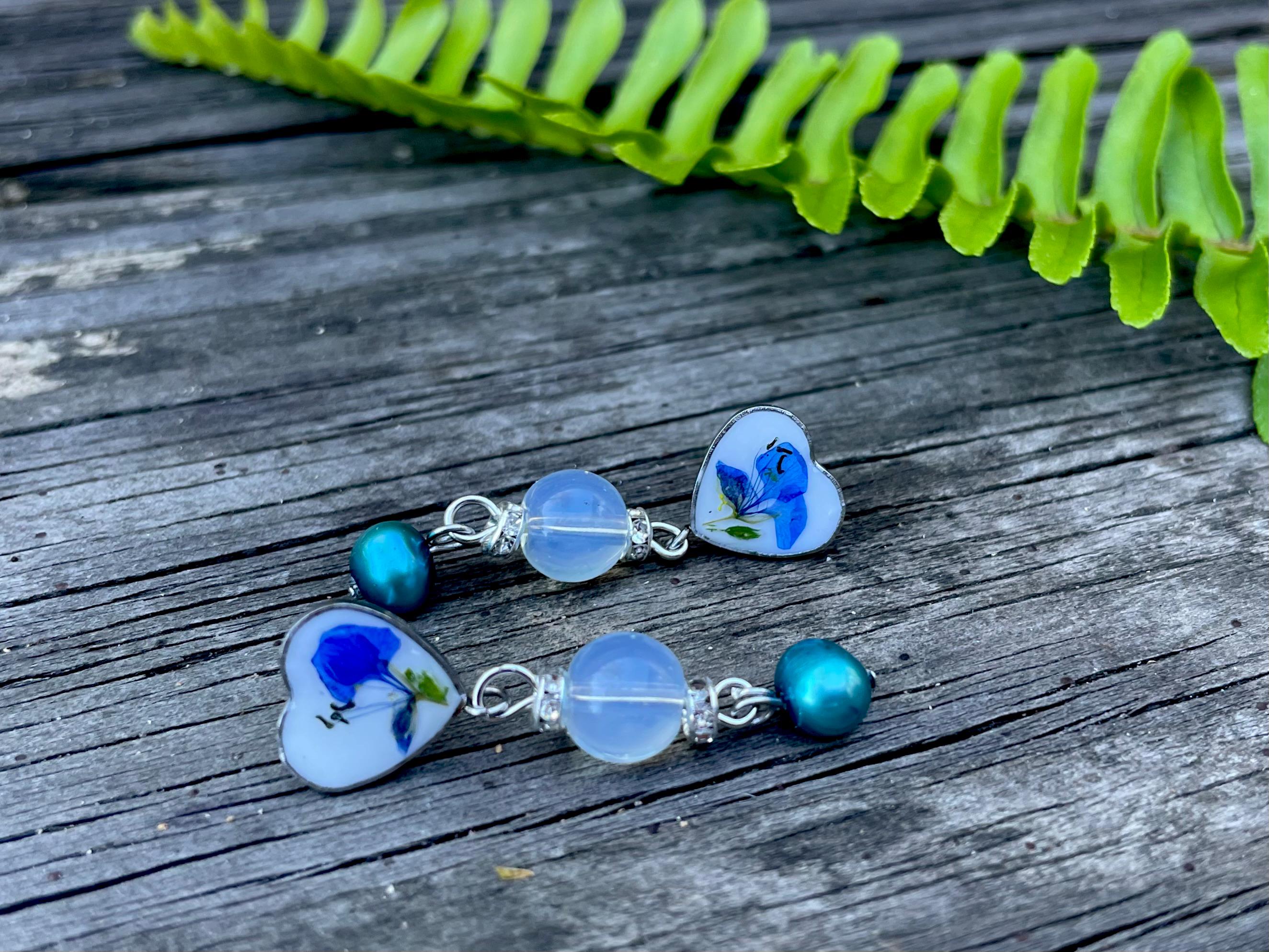 Patina Blue Pearl Floral Earrings: Pressed Flower Resin Jewelry Opal