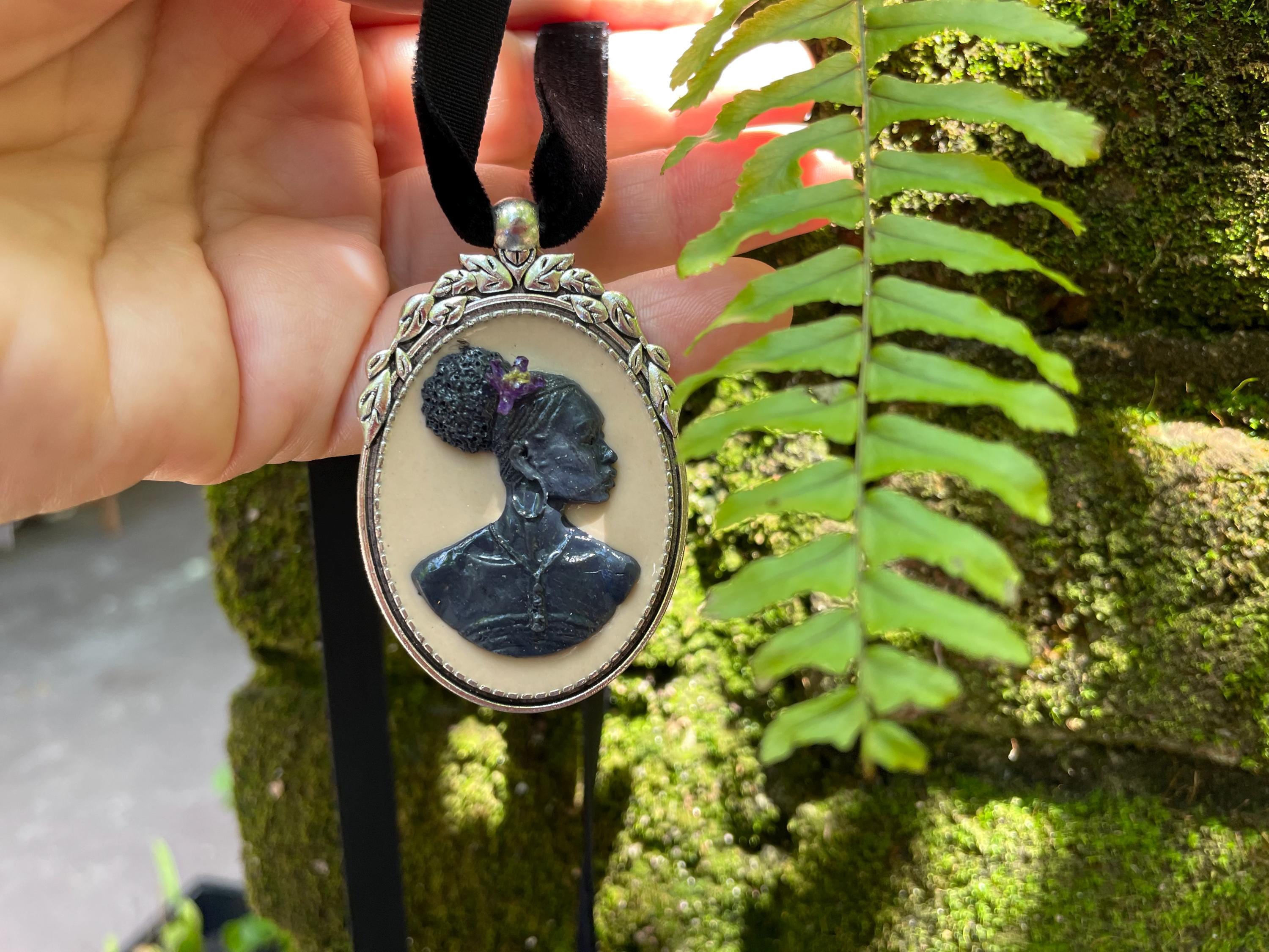 Handmade Cameo Necklace: African American Woman, Velvet Choker, Birthstone Option