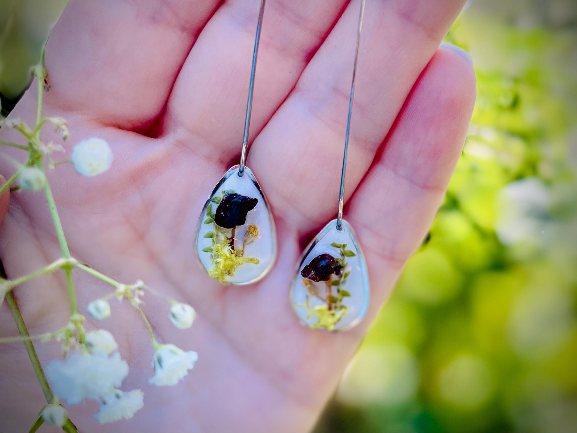 Real Mushroom Moss Dangle Earrings: Sterling Silver Threader, Woodland Fairy Jewelry