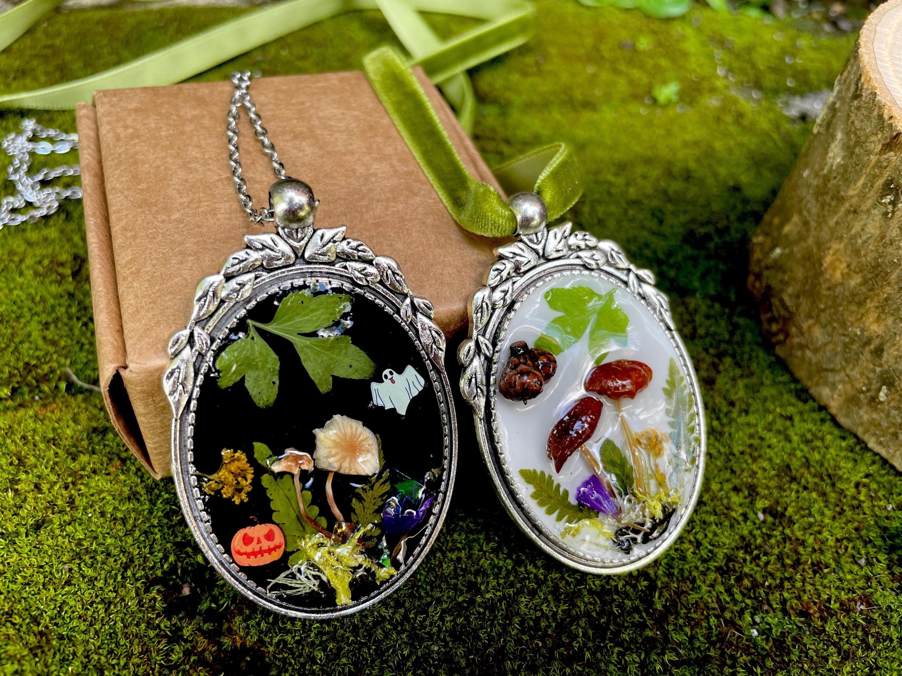 Woodland Witch Necklace: Real Mushroom, Moss, Ghost & Pumpkin Charm