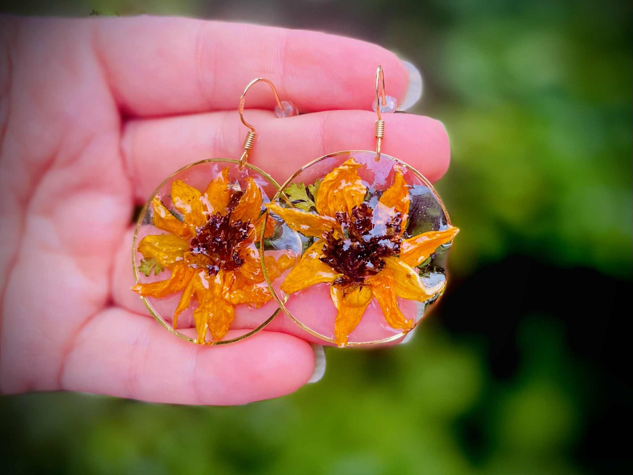 Sunflower Earrings: Real Flower Resin Dangle Drops, August Birth Month