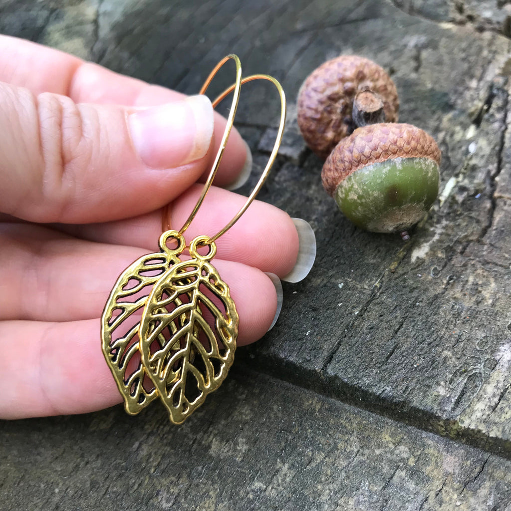 fall earrings gold leaf earrings hoops, woodland jewelry for bridesmaid, autumn accessory for girlfriend, fall present women rustic wedding