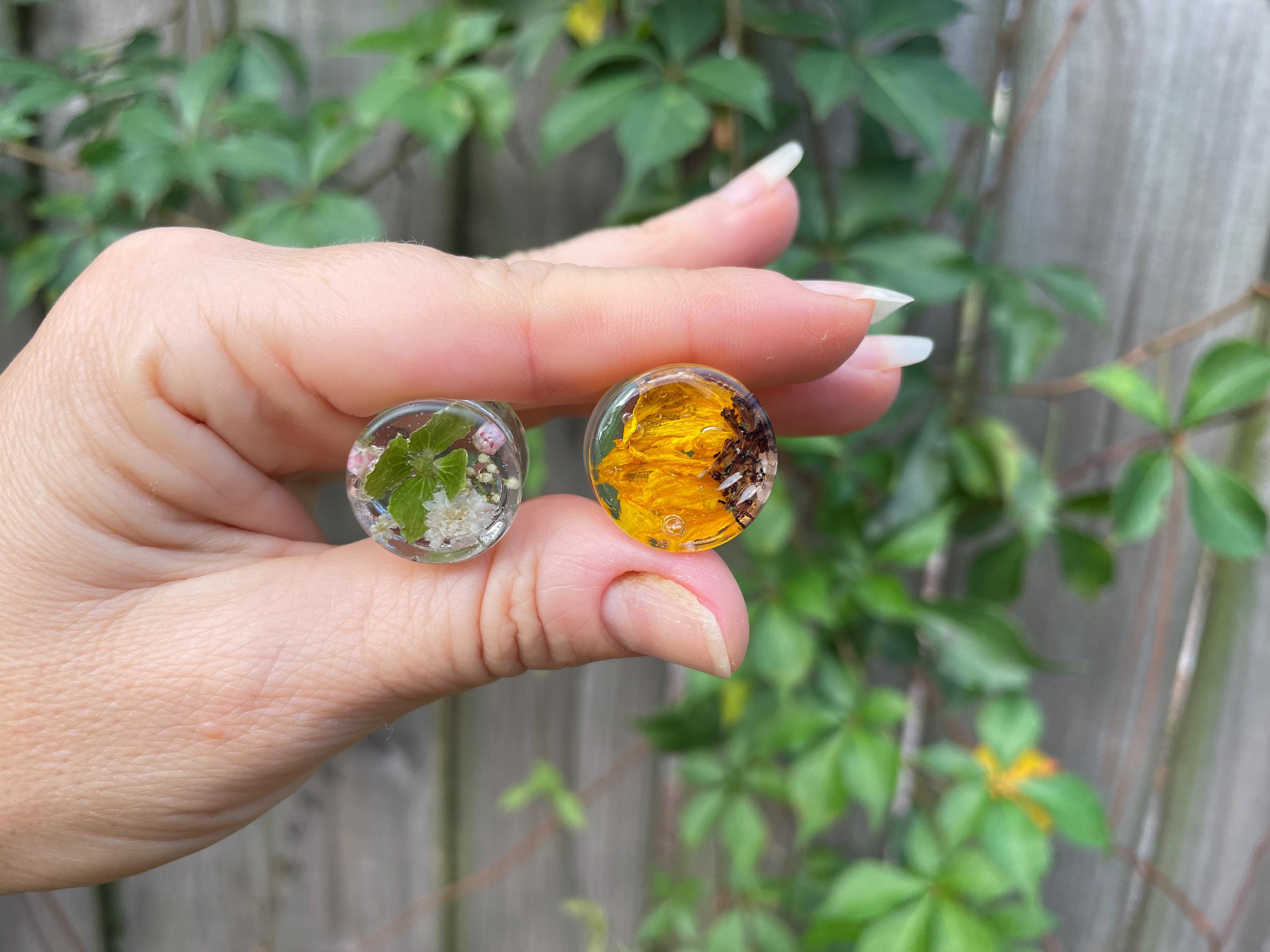 Real Sunflower Ear Plugs: Yellow Double Flared Gauges | Custom Birth Month Flower Nature Resin Plug Piercing