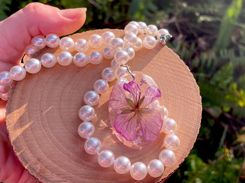 March Birth Flower Pearl Necklace: Cherry Blossom Rose Quartz Pendant