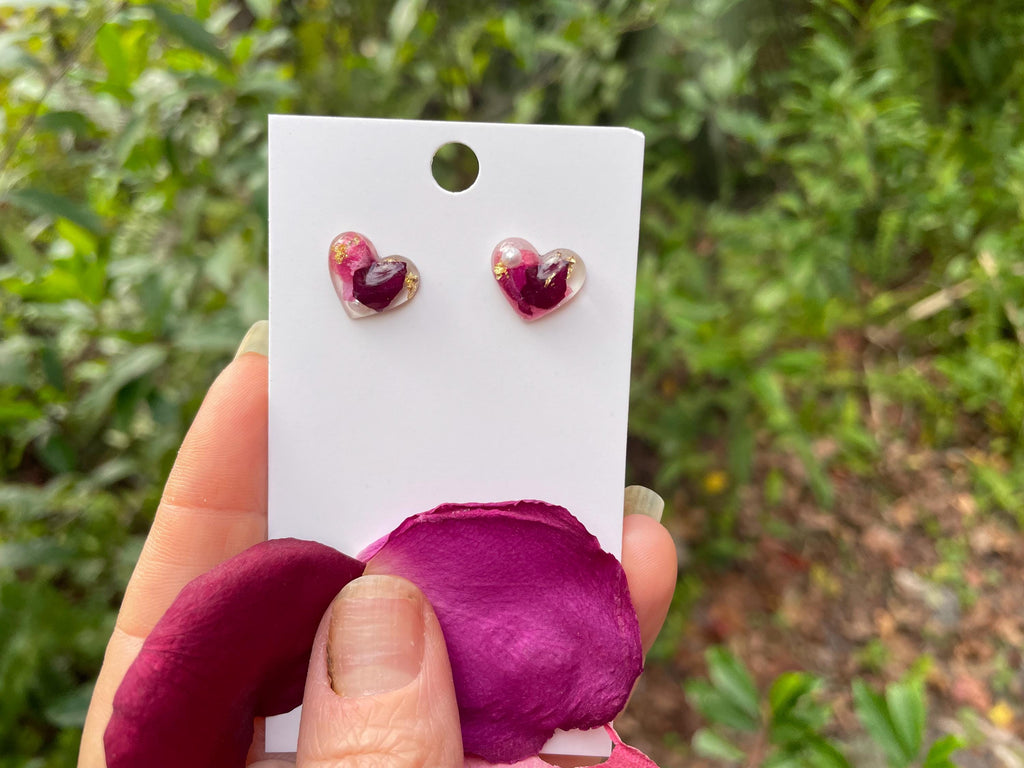Handmade Heart Rose Stud Earrings: Titanium Resin Flower Earrings June Birth Month