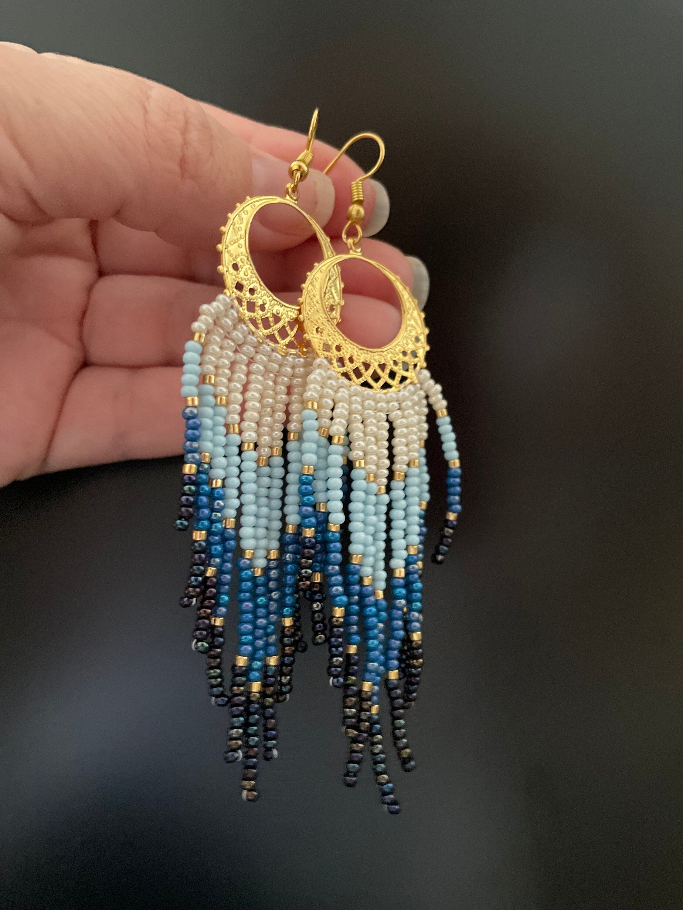gold and denim blue bead Woven Geometrical Fringe Earrings, 14K Gold-Filled Earwires Handmade Unique Gift for Her best Friend Boho Jewelry