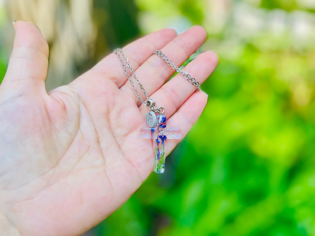 Pressed Flower Cross Necklace: August Birth Flower Gladiolus, Personalized Initial