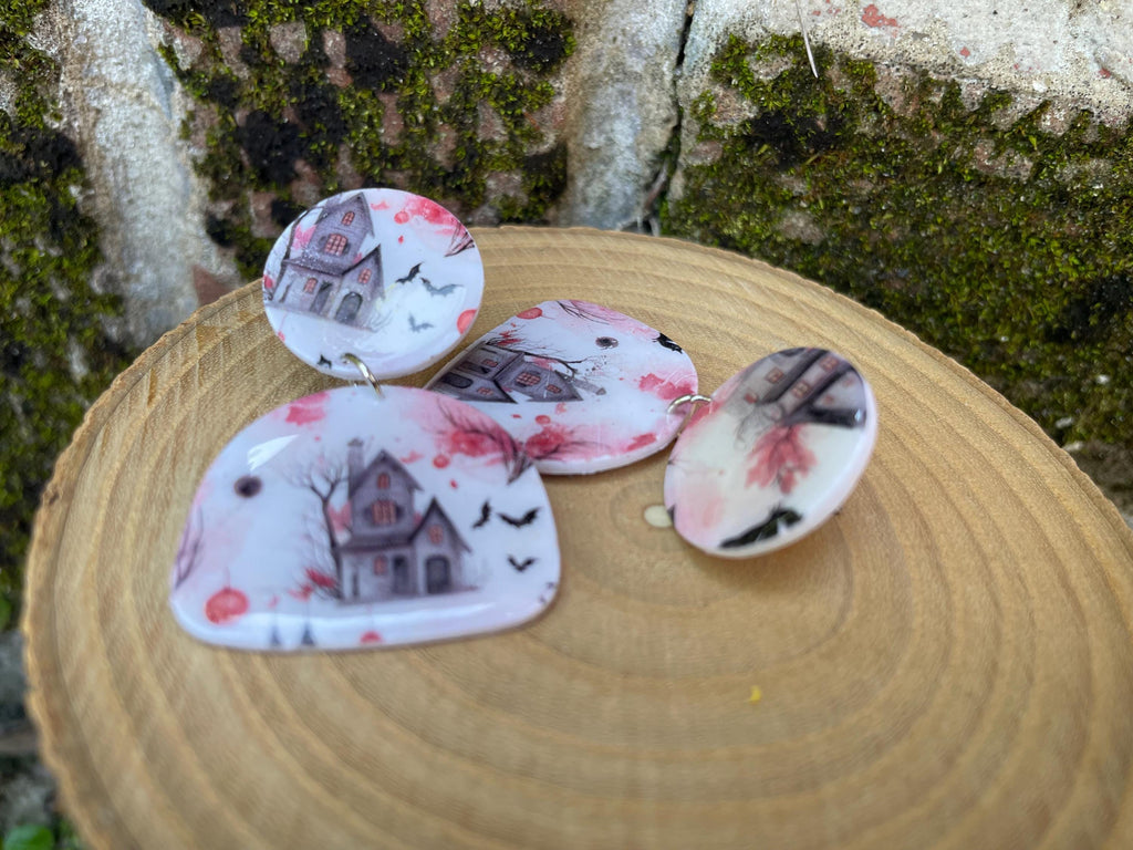 Haunted Mansion Halloween Earrings Clay: Spooky Season Unique Clip-Ons or Posts