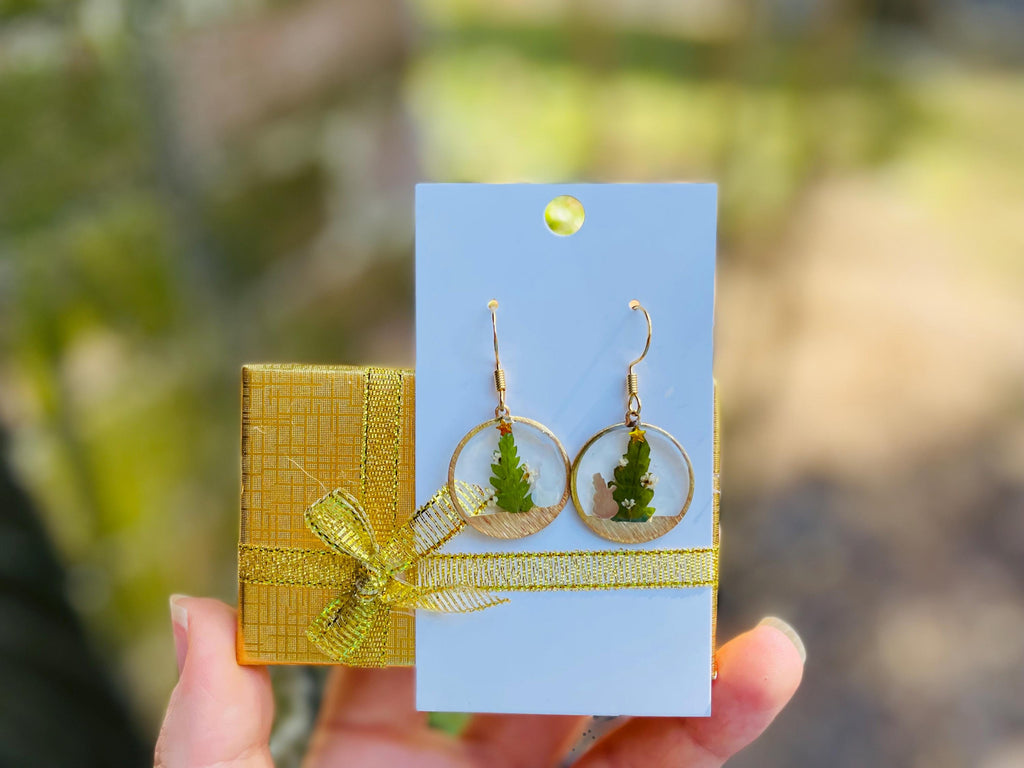 Gold Snow Globe Earrings: Real Fern, Flower Petals, Christmas Tree