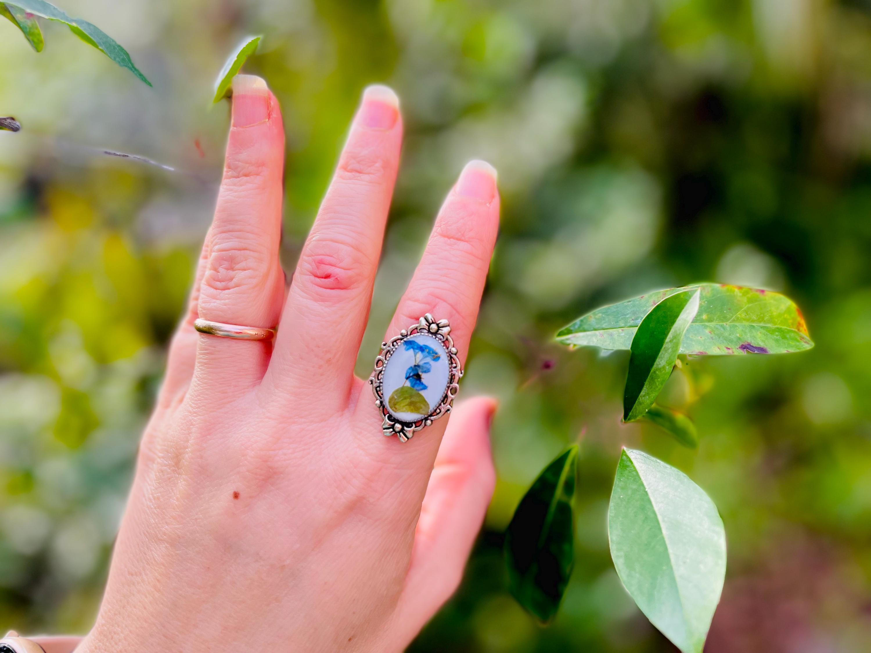 Handmade Pressed Flower Ring: Blue Wildflower Cameo, Adjustable Silver Band