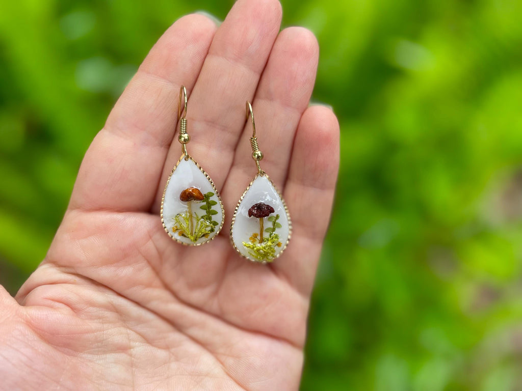 Teardrop Mushroom Moss Earrings: 14K Gold Dangle, Woodland Fairy Jewelry