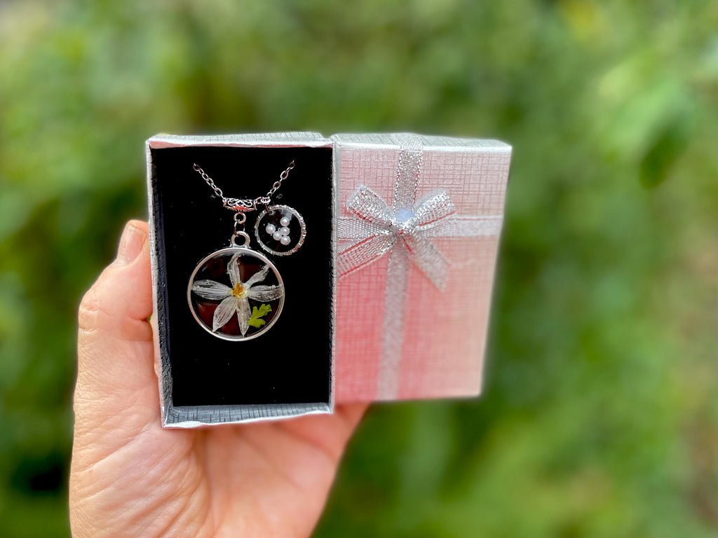 December Birth Flower Necklace: Handmade Narcissus, Personalized Initial, Pearl Resin Pendant