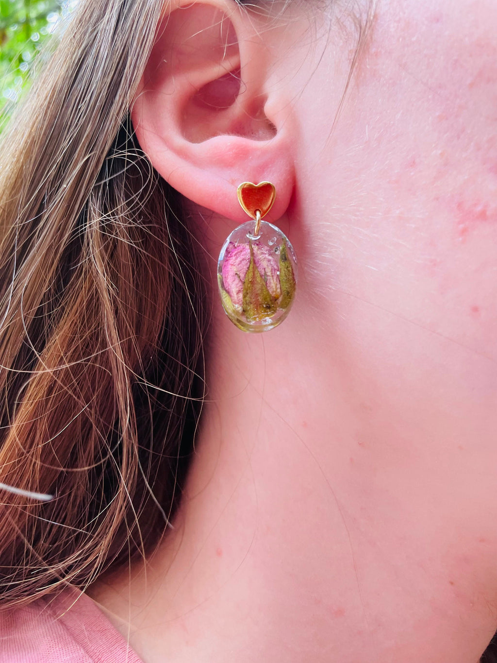 Rose Heart Stud Earrings: Real Flower Resin Jewelry, June Birthstone