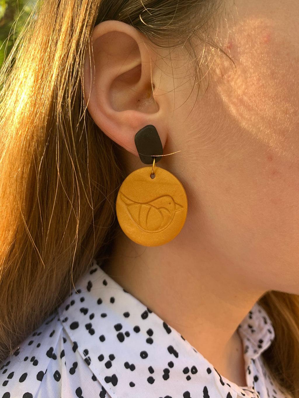 Gold and black bird earrings, Handmade Polymer Clay Earrings, Statement Dangle Earrings, Mothers Day gift, big clip on earrings hoops