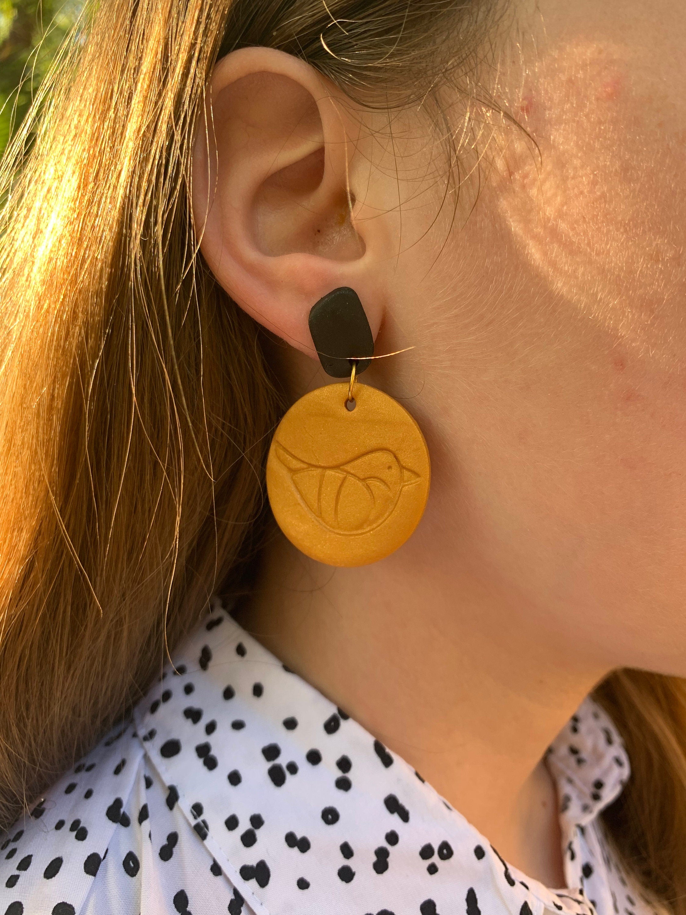 Gold and black bird earrings, Handmade Polymer Clay Earrings, Statement Dangle Earrings, Mothers Day gift, big clip on earrings hoops