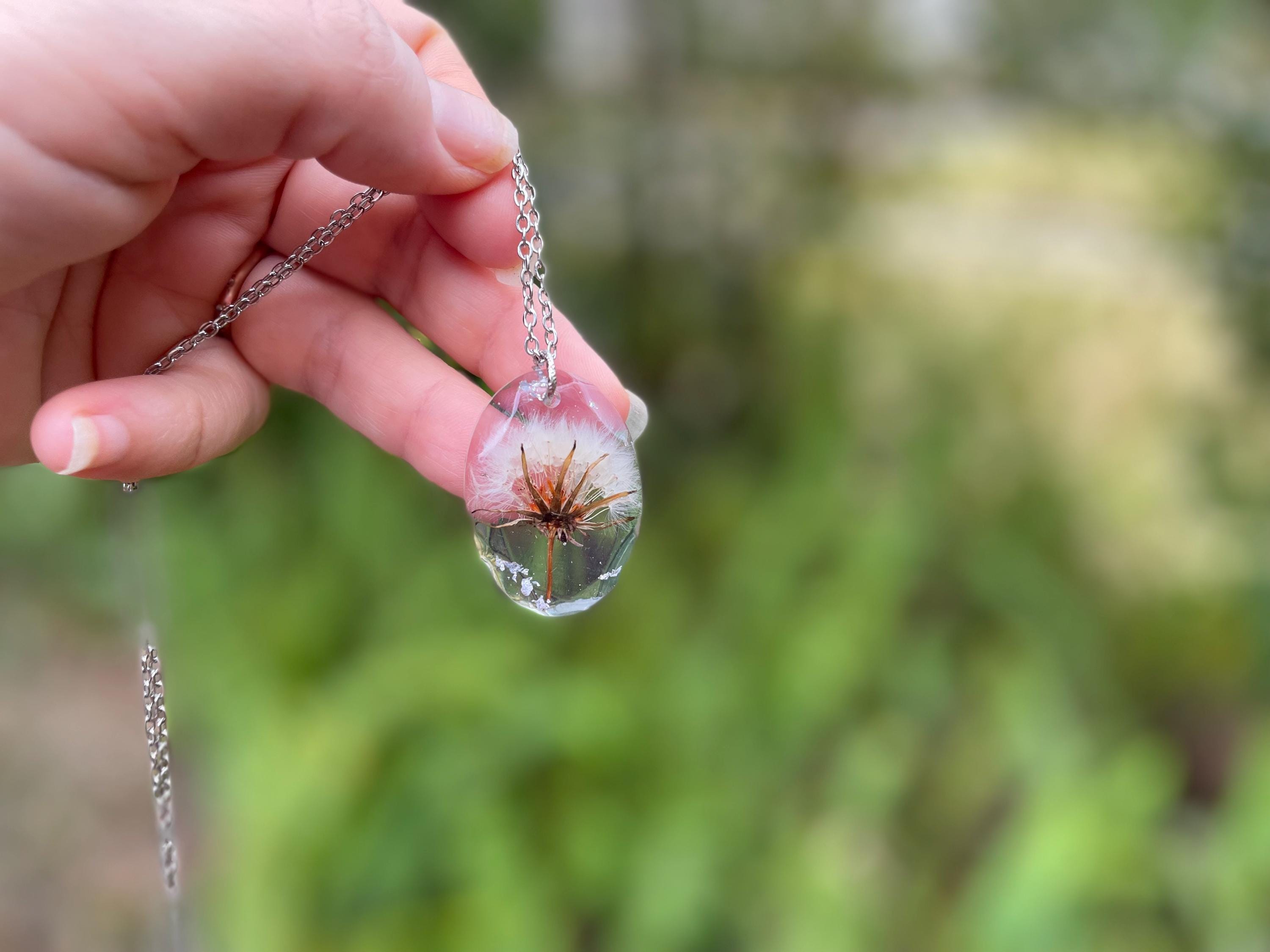Custom Birthstone Dandelion Necklace: Resin Boho March Birth Month Flower Jewelry