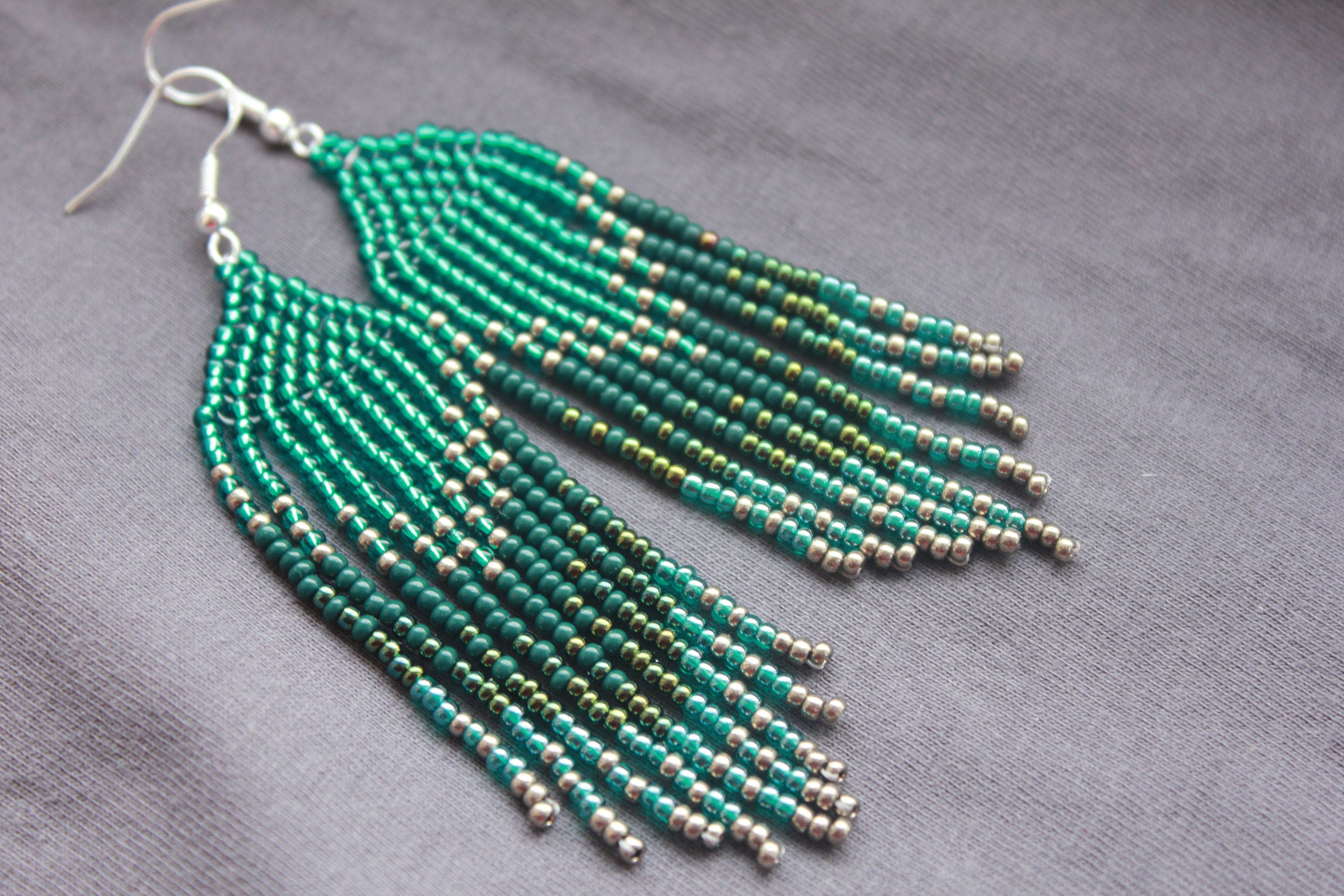 Emerald beaded earrings, Long earrings Fringe earrings, Ombre earrings Seed bead earrings, Chandelier earring Boho, beadwork earrings Dangle