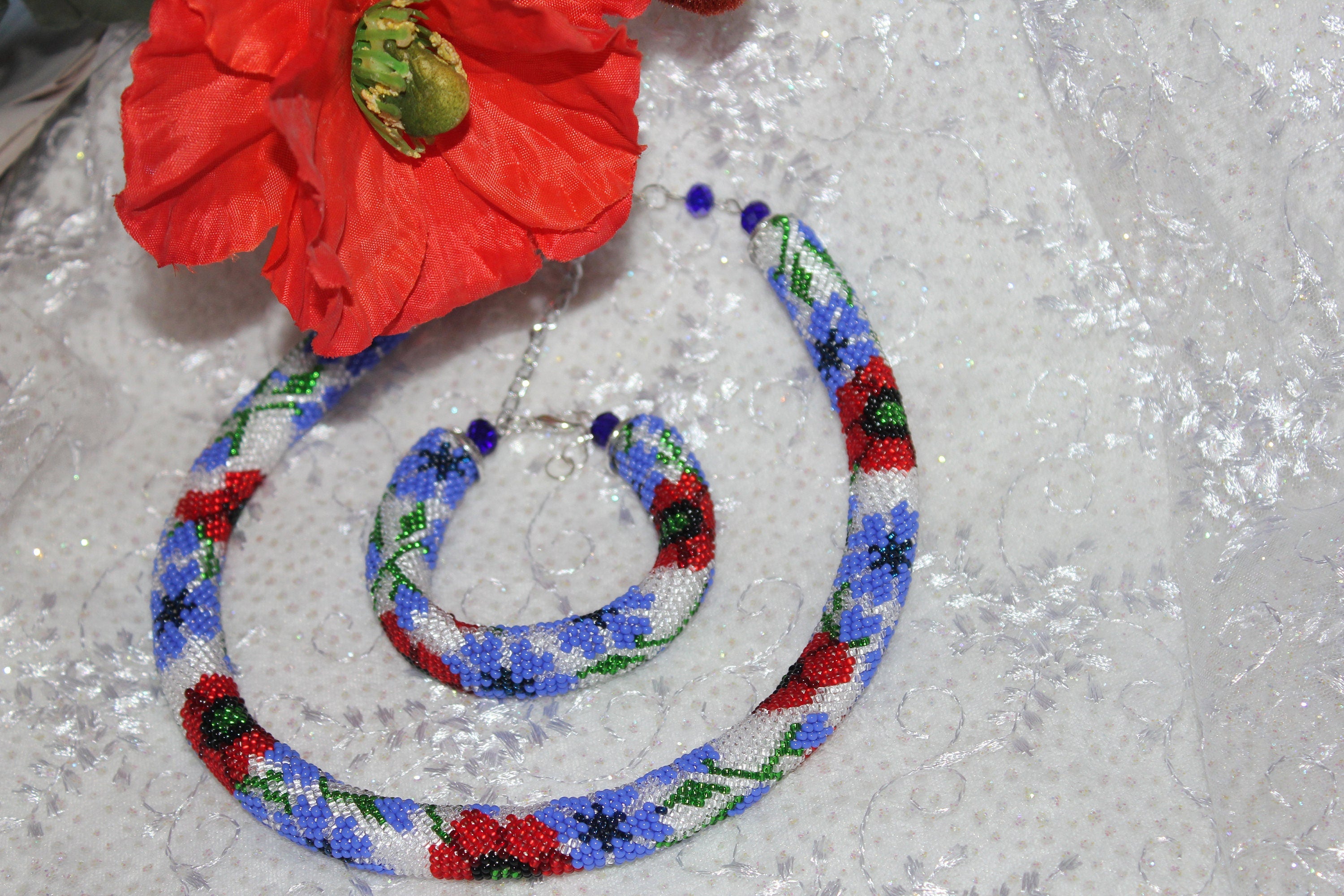Valentine gift Red poppy cornflower floral necklace, handmade flower necklace, boho wedding necklace, Layering necklace, romantic gifts mom