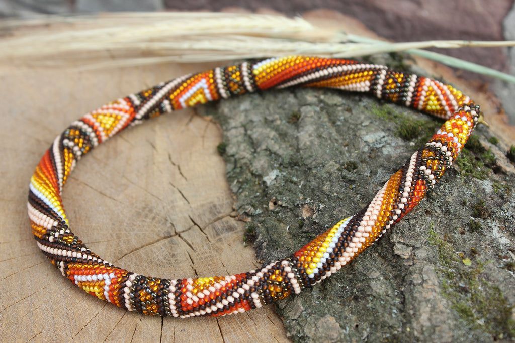 Fall patchwork necklace handmade jewelry, Burnt orange brown beige choker Tribal ethnic beadwork unisex jewelry, beaded choker rope necklace