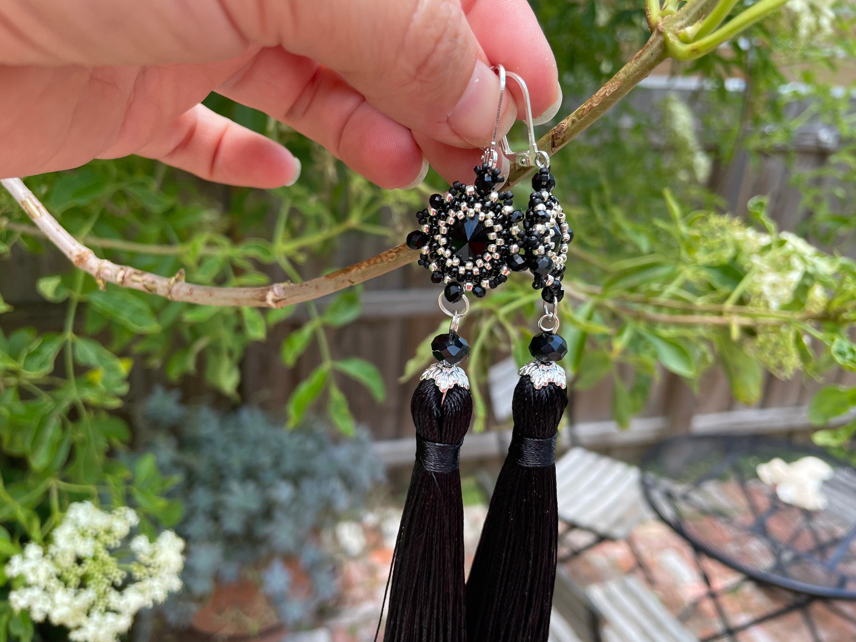 Handmade Black and Silver/Gold Swarovski Crystal Silk Tassel Chandelier Earrings for Women 3-6 inch Long Custom Tassel Color