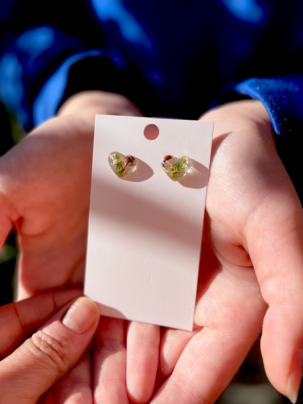 Real Mushroom Heart Earrings: Pressed Flower 925 Sterling Silver Studs/Clip on