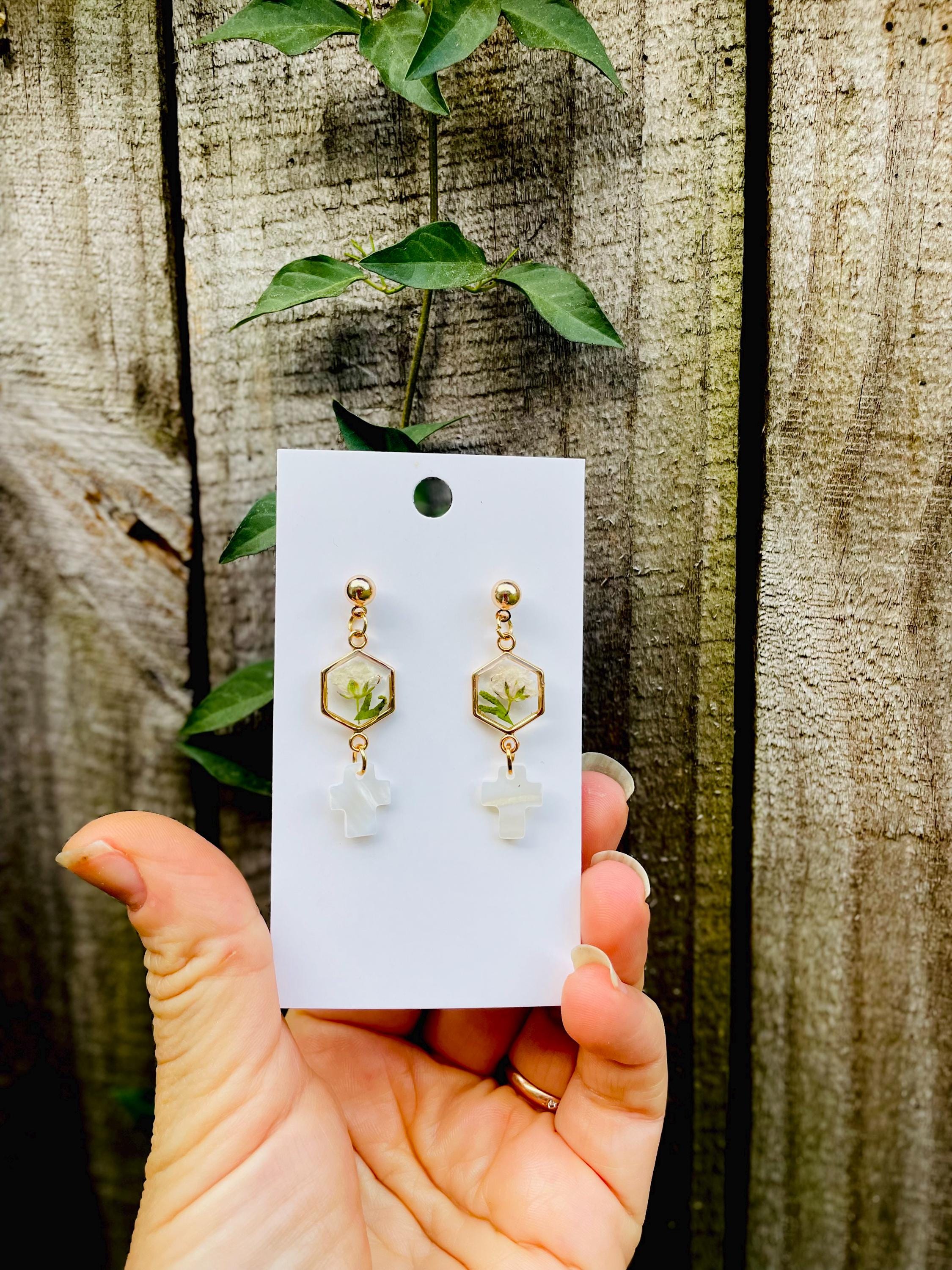 Handmade Gold Resin Baby Breath & Mother of Pearl Cross Earrings - Bridesmaid Jewelry