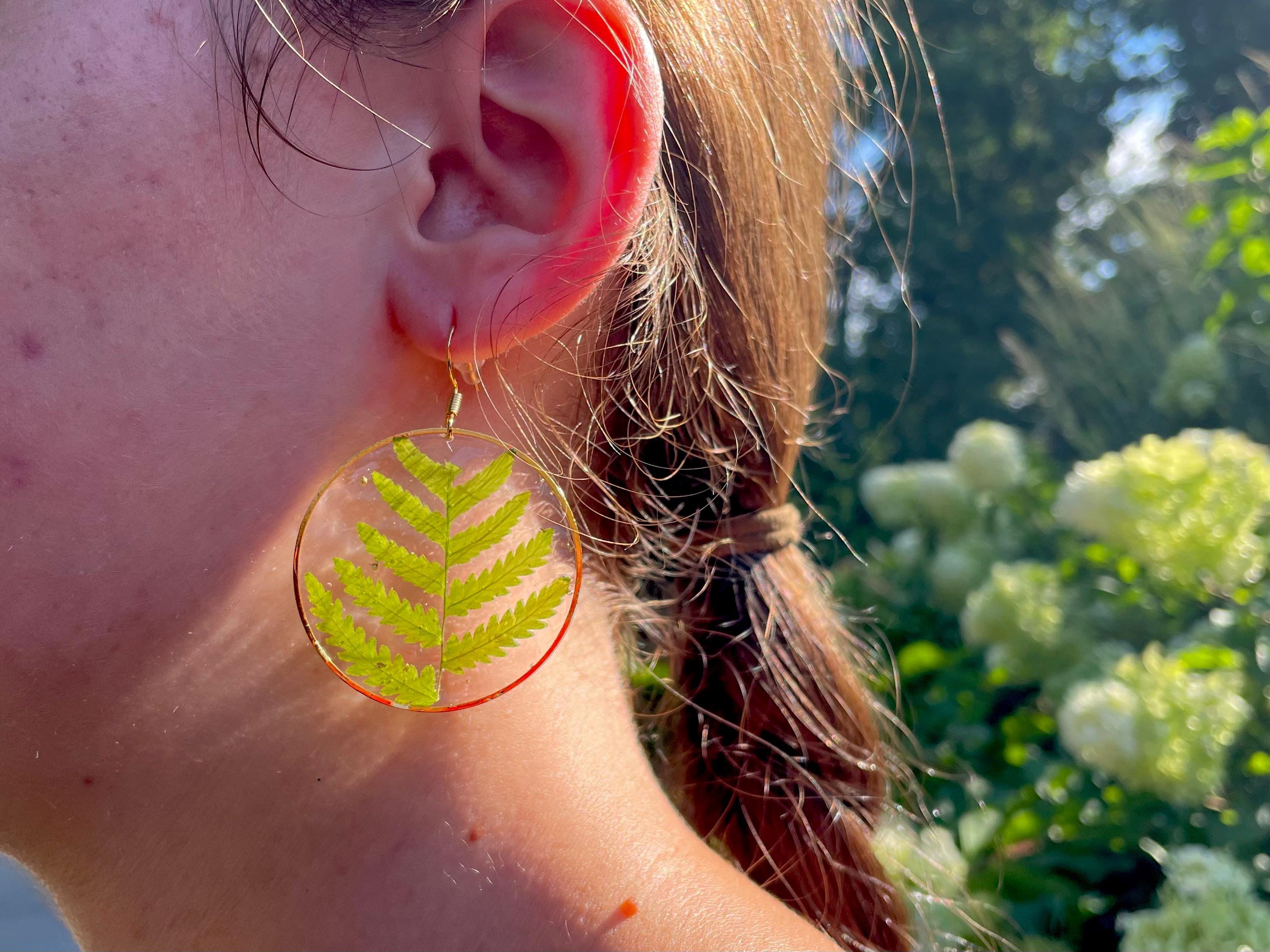 Real Fern Earrings: 14K Gold Boho Green Botanical Dangle Earrings