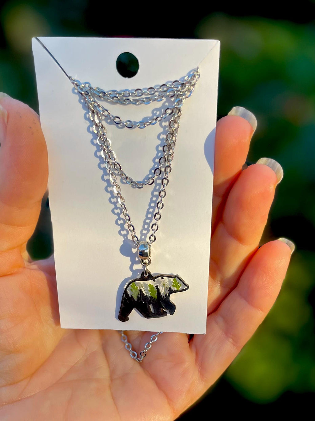 Silver Bear Pendant Necklace for Men: Pressed Fern and Flower Mountain Jewelry, Valentines day gift for him