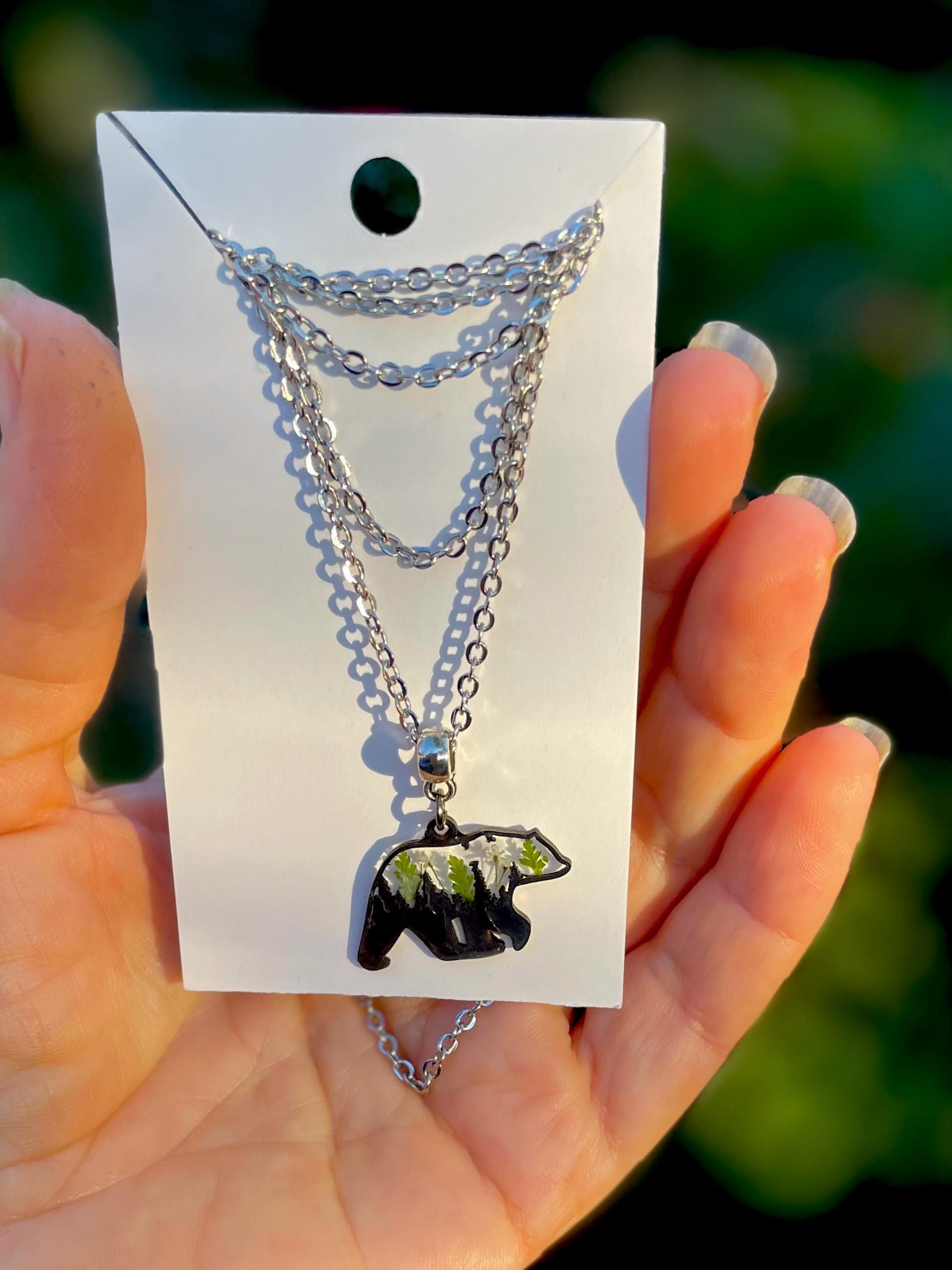 Silver Bear Pendant Necklace for Men: Pressed Fern and Flower Mountain Jewelry, Valentines day gift for him