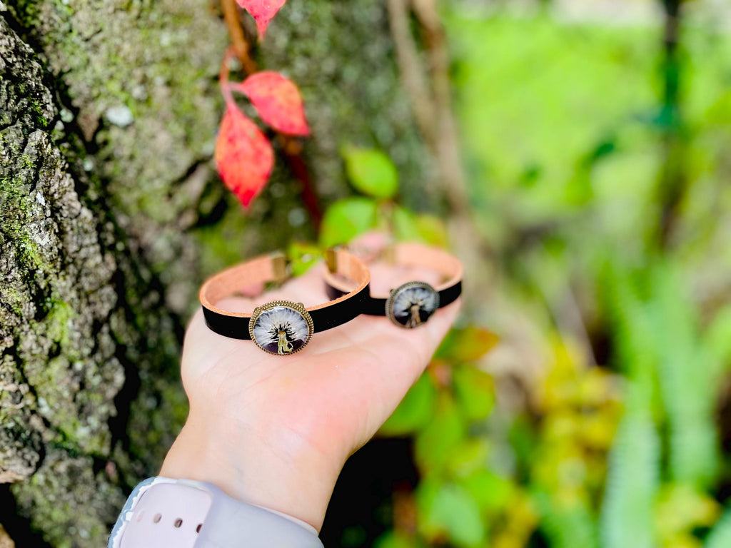 Black Leather Dandelion Bracelet Adjustable: Unisex Nature Inspired Pressed Flower Bronze Anniversary Jewelry