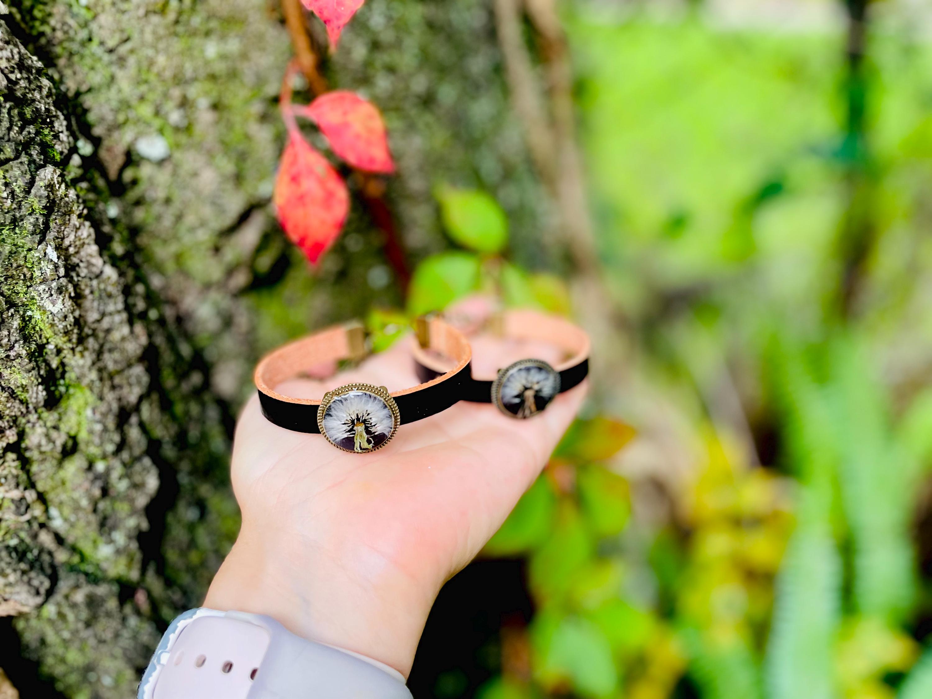 Black Leather Dandelion Bracelet Adjustable: Unisex Nature Inspired Pressed Flower Bronze Anniversary Jewelry