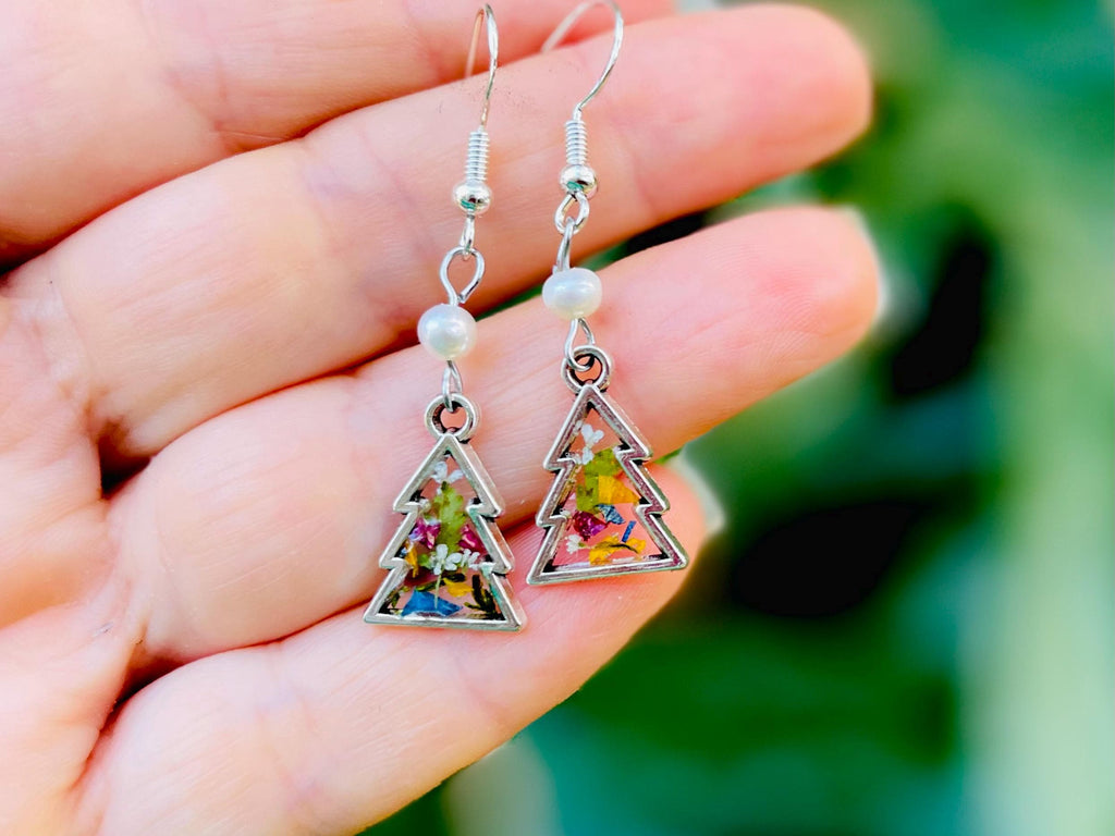 Fern Christmas Tree Earrings Silver: Real Pressed Flower Festive Stud Dangle Earrings Freshwater Pearl