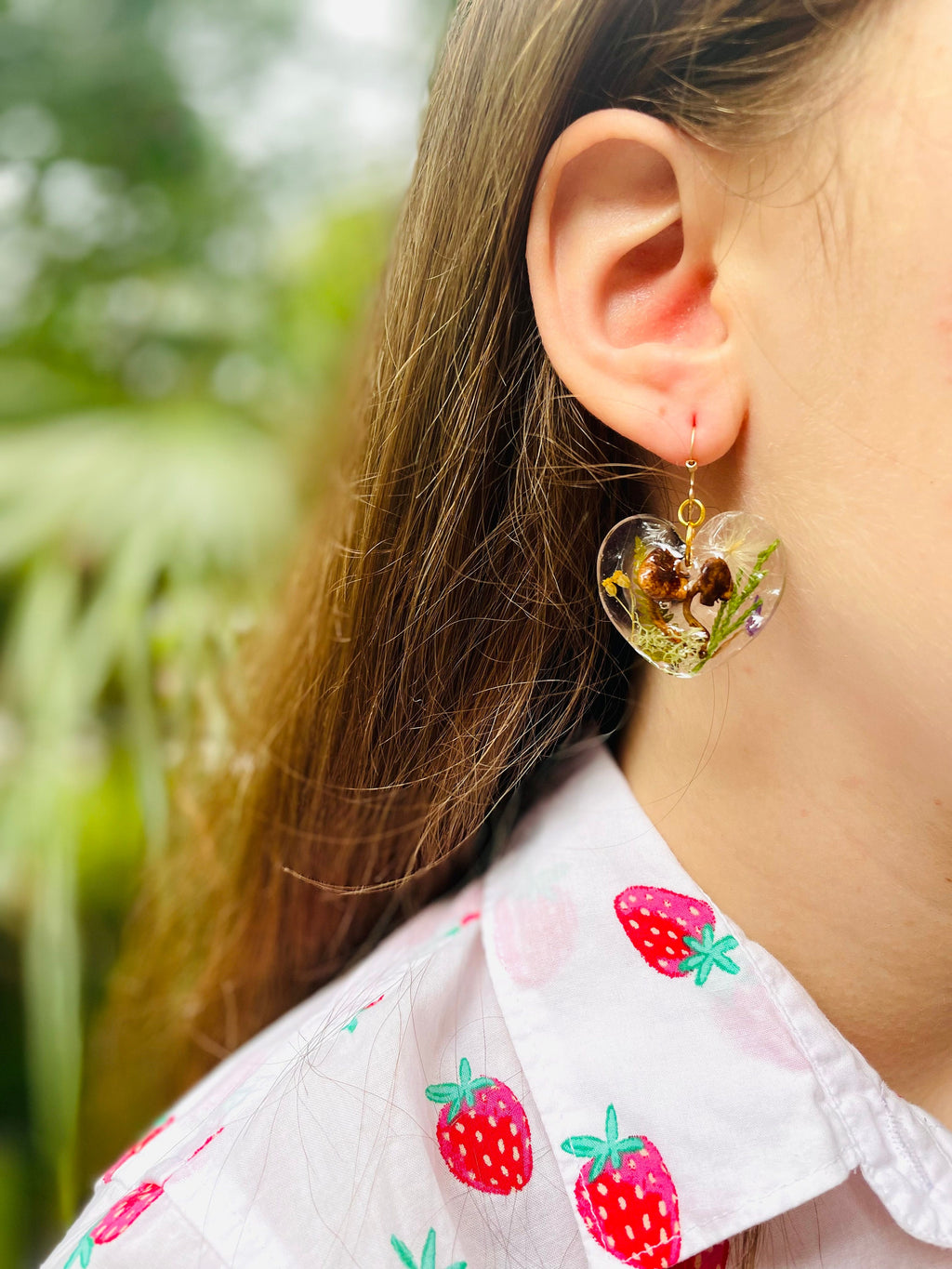 Mushroom terrarium earrings 14K gold Real Mushroom moss resin earrings silver Woodland inspired unique fairycore  Miniature Forest earring