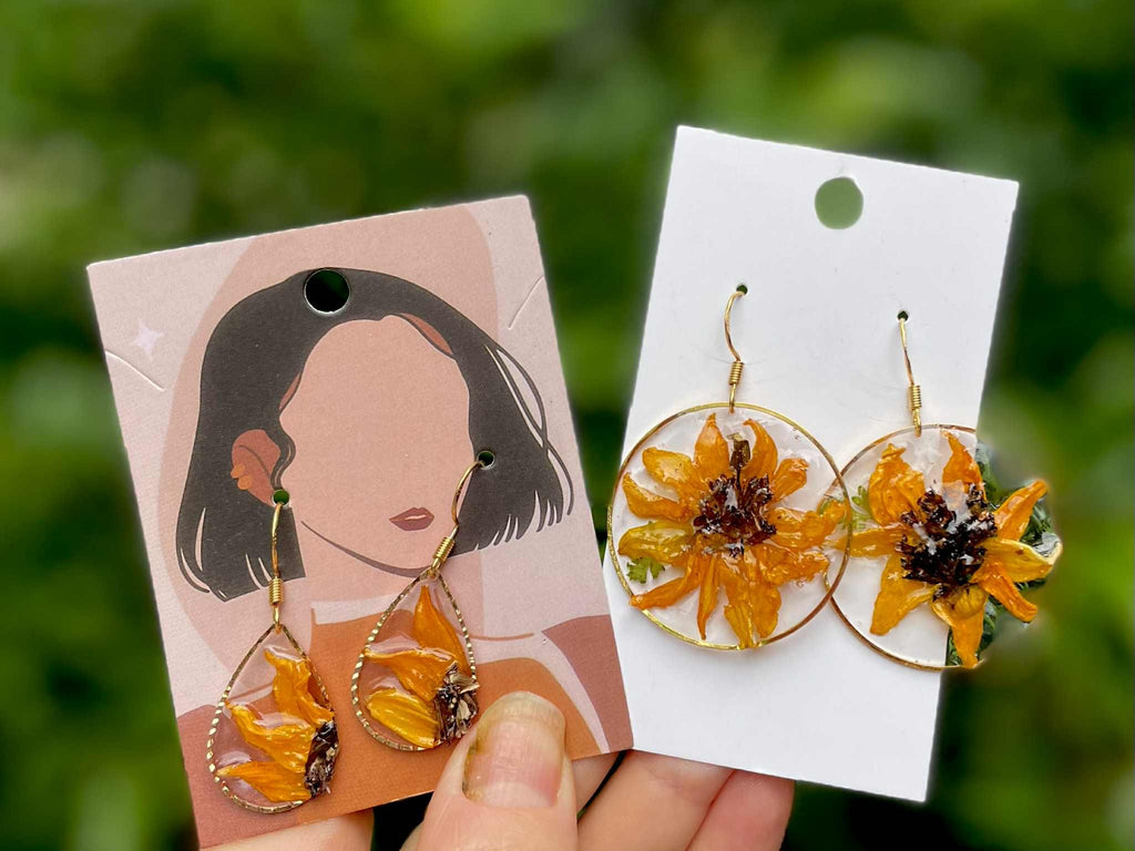 Sunflower Earrings: Real Flower Resin Dangle Drops, August Birth Month
