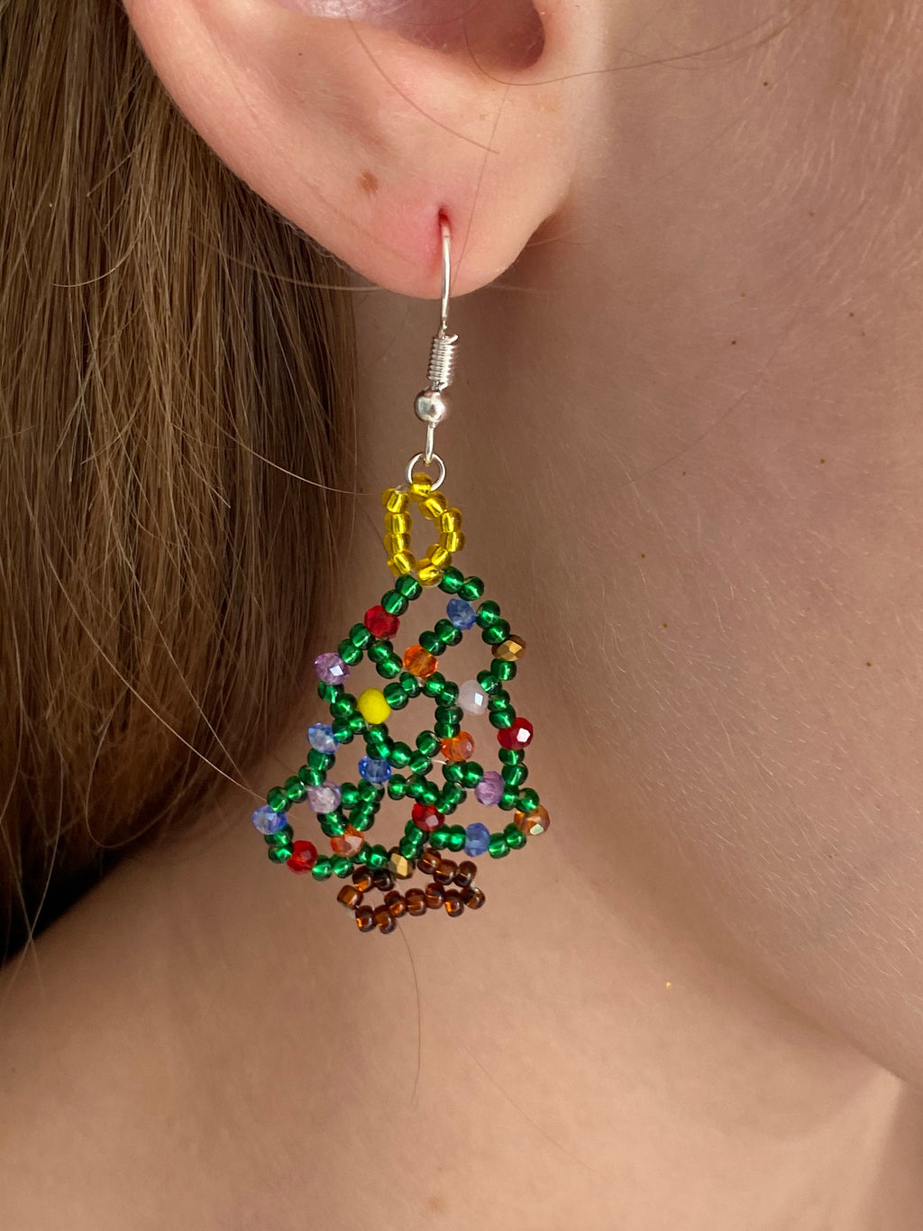 Cute rainbow Christmas tree earrings dangle, Austrian Crystal Christmas Tree Earrings Unique holiday gift for best friend handmade