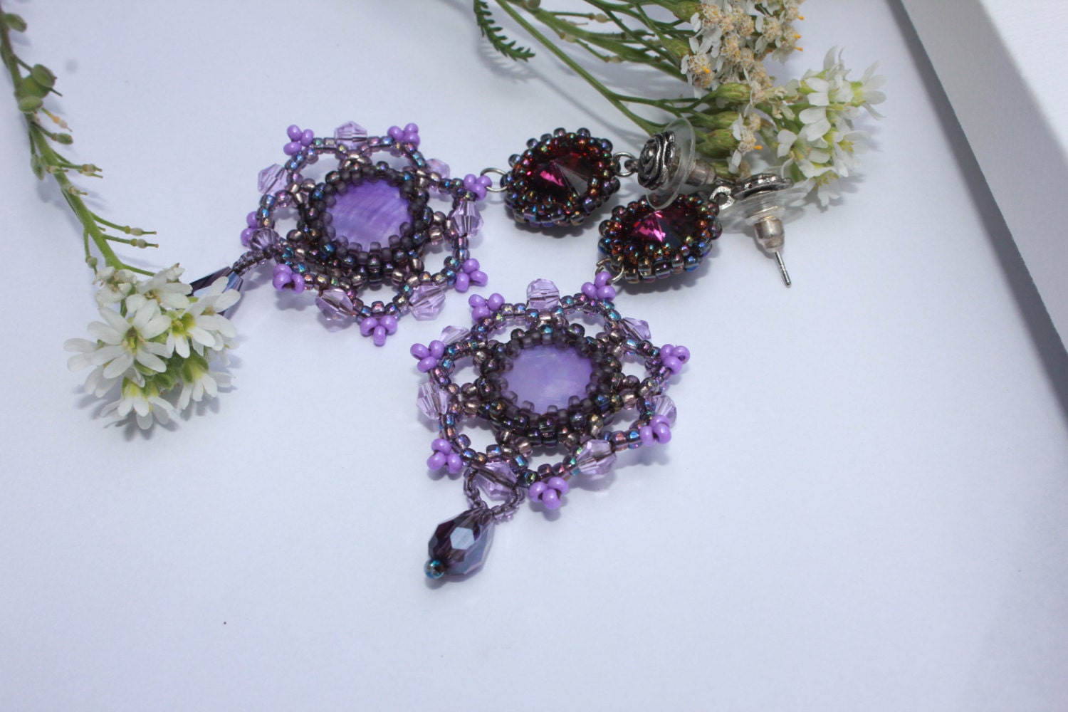 Amethyst Swarovski Crystal Earrings, Purple Mother of Pearl Beaded Chandelier Earrings