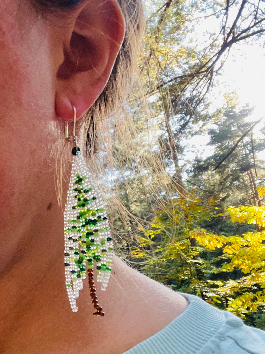 Christmas earrings dangle, Abstract Beaded Fringe earrings, Christmas tree seed bead earrings Green transparent Long earrings Boho Handmade