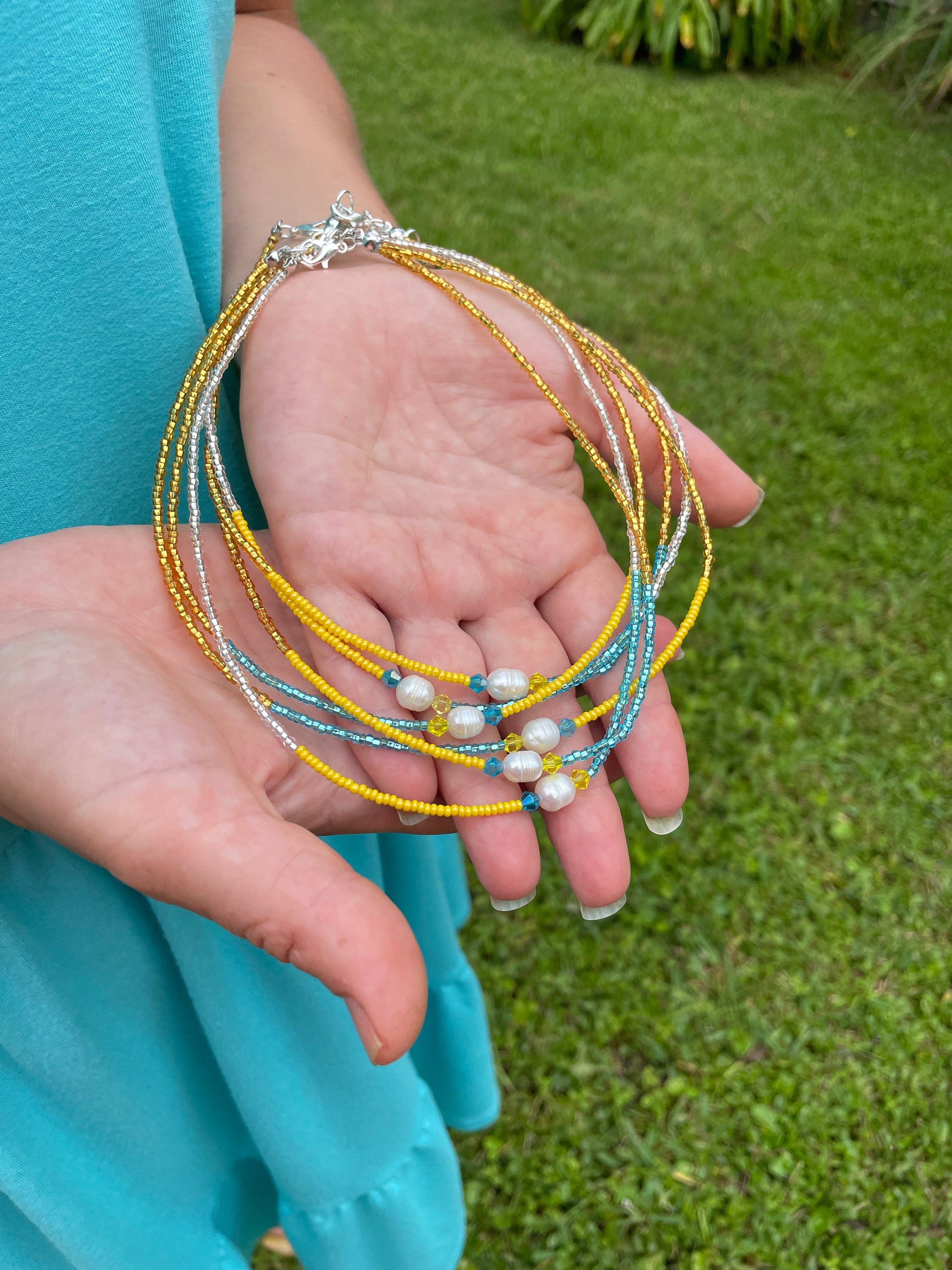 Minimalist beaded choker necklace with a real freshwater baroque pearl, Ukrainian flag colors gold or silver seed beaded necklace for women