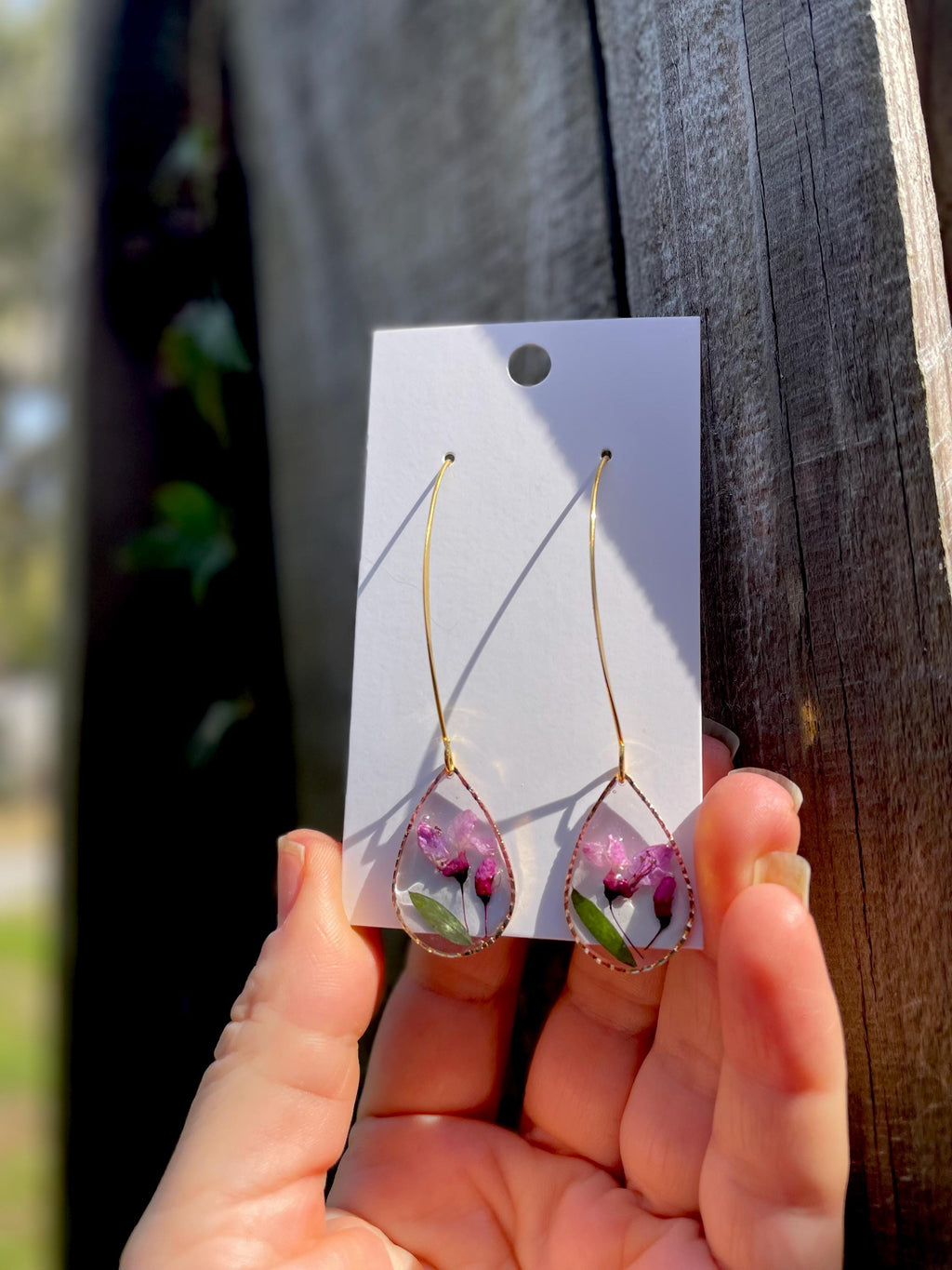 Sweat Pea Earrings Dangle: April Birth Flower, Pink Pressed Flower Resin Jewelry Gold