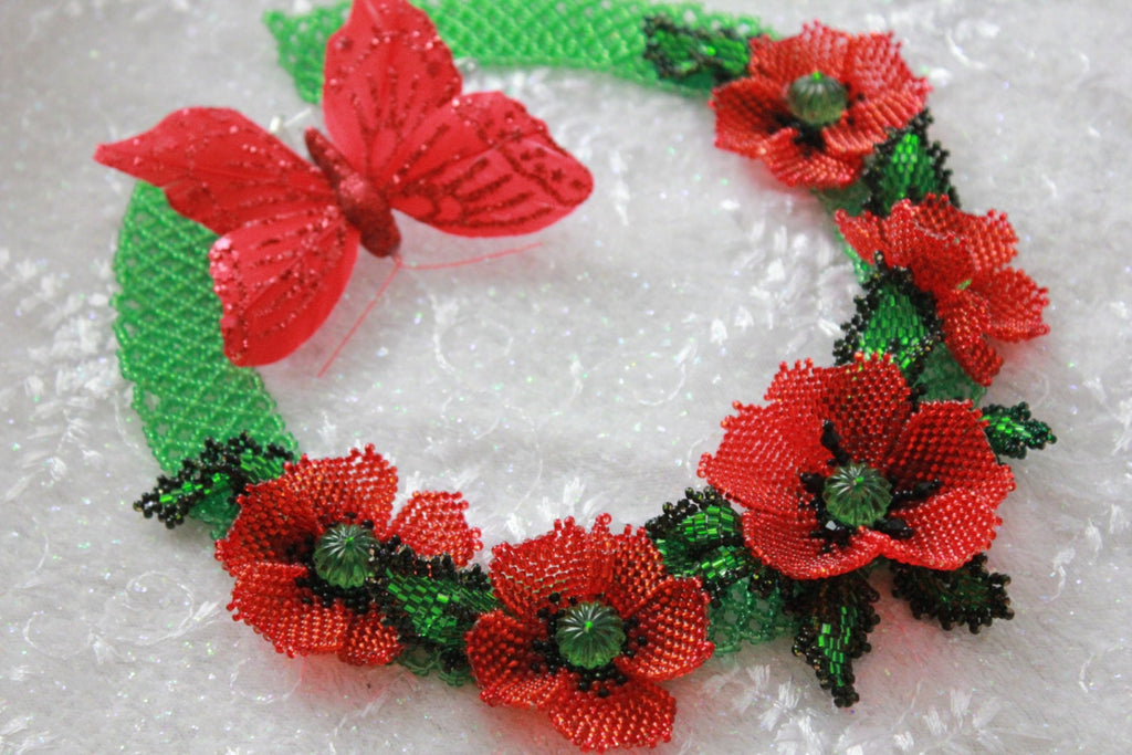 Red flower jewelry necklace, Poppy Necklace, Floral collar Choker, Wedding gift bride~Unique Beaded Necklace for girlfriend, Valentines gift
