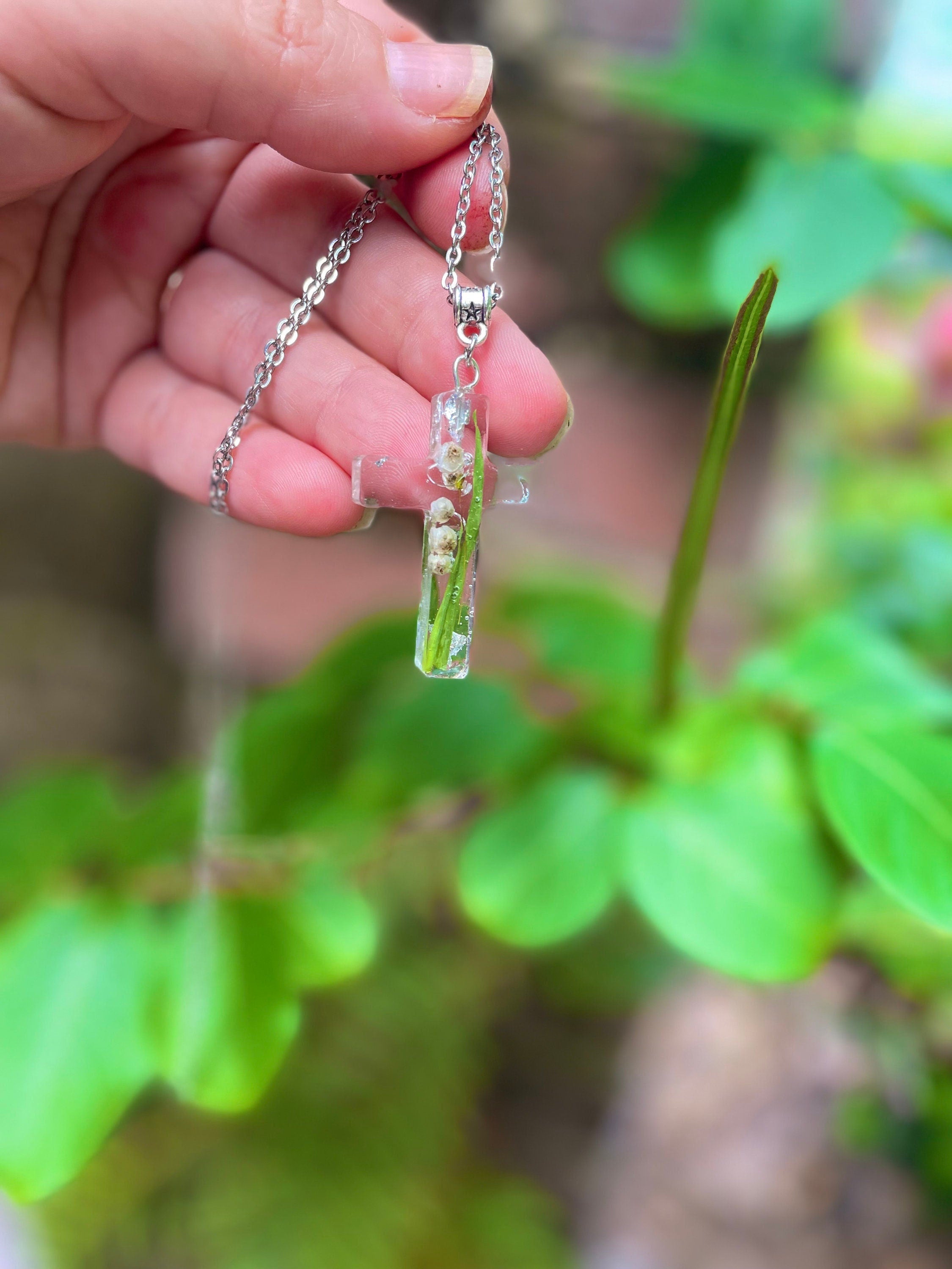 Lily of the Valley Cross Pendant Necklace: May Birth Flower Resin Jewelry Personalized with Birthstone