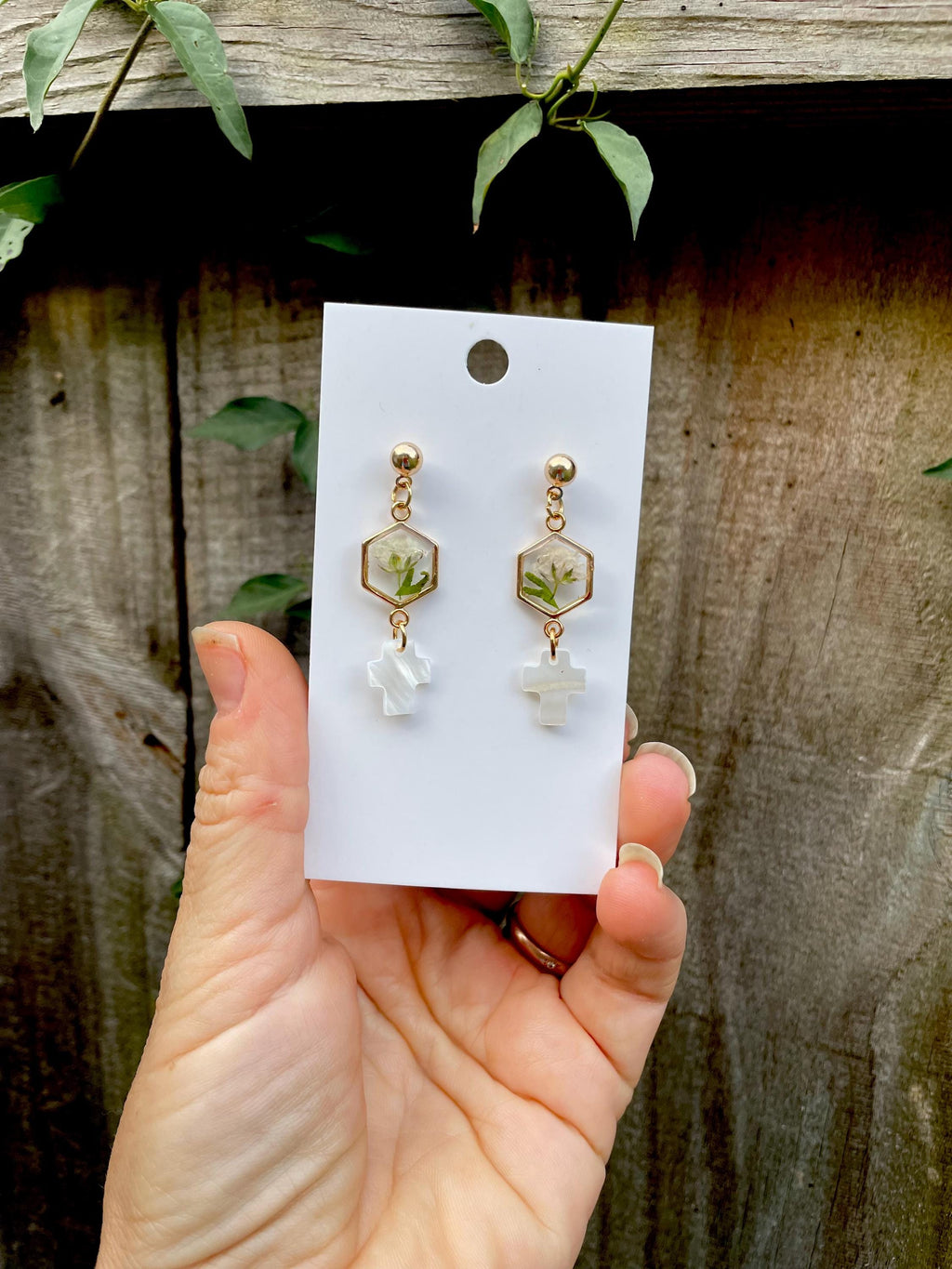 Handmade Gold Resin Baby Breath & Mother of Pearl Cross Earrings - Bridesmaid Jewelry